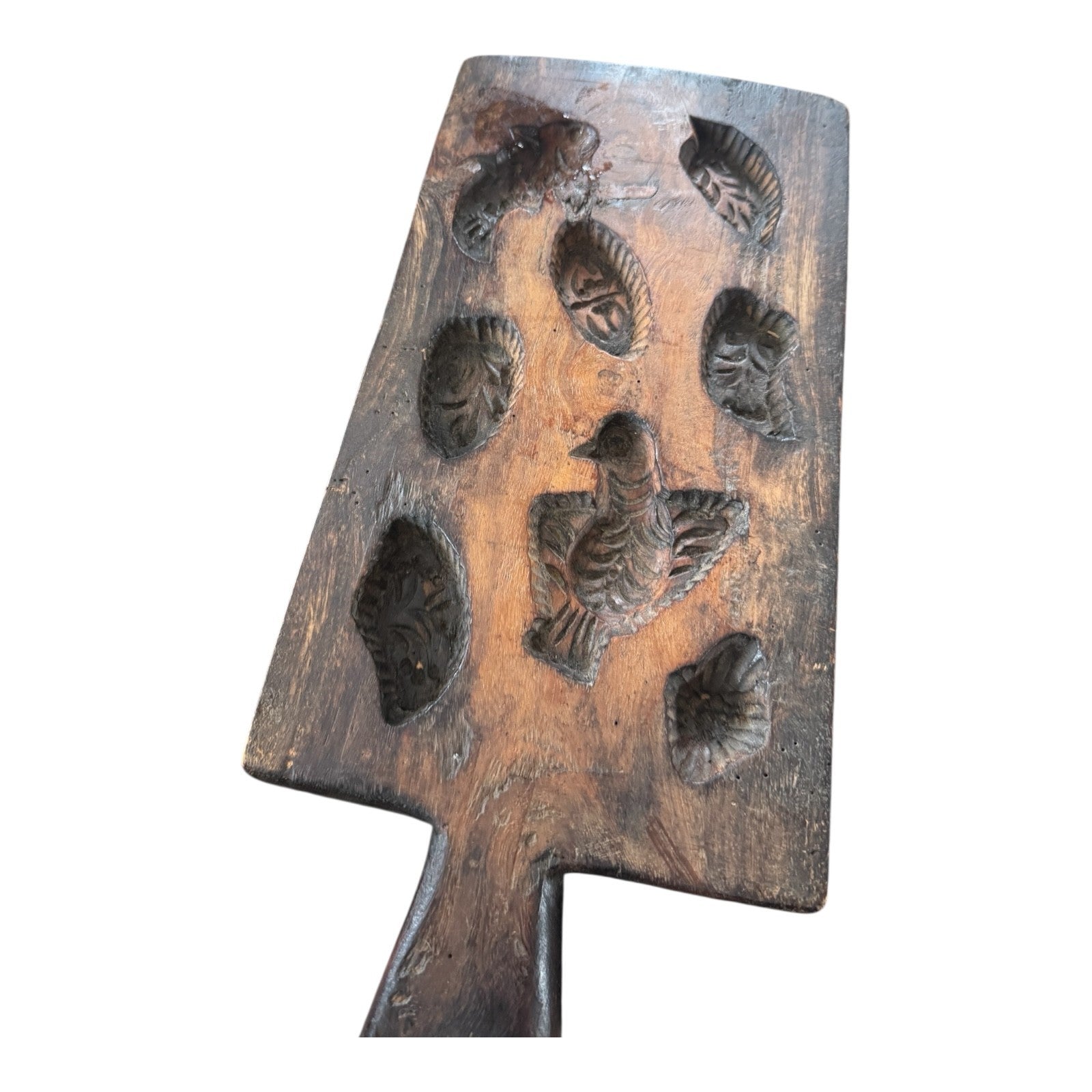 Antique Large Folk Art Hand-Carved Wooden Maple Sugar Mold - Bird & Leaf Designs