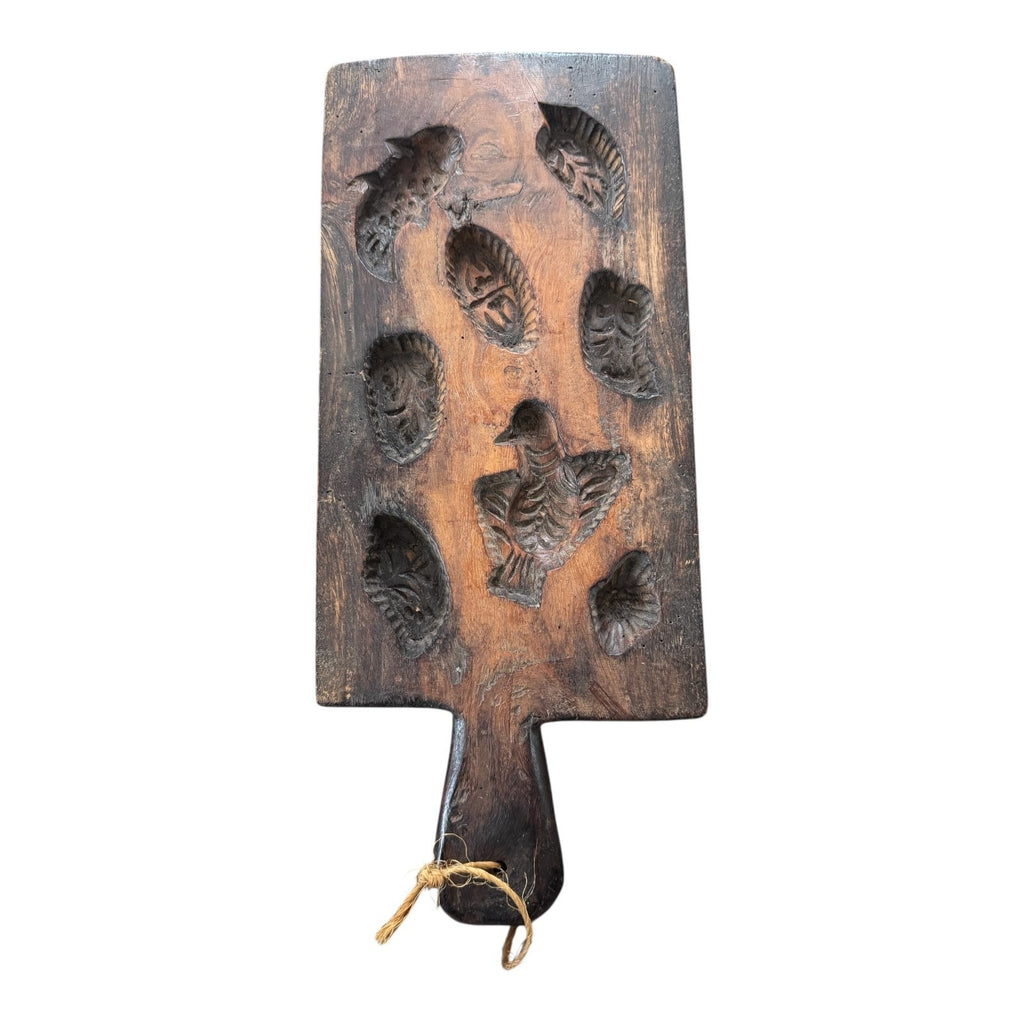 Antique Large Folk Art Hand-Carved Wooden Maple Sugar Mold - Bird & Leaf Designs