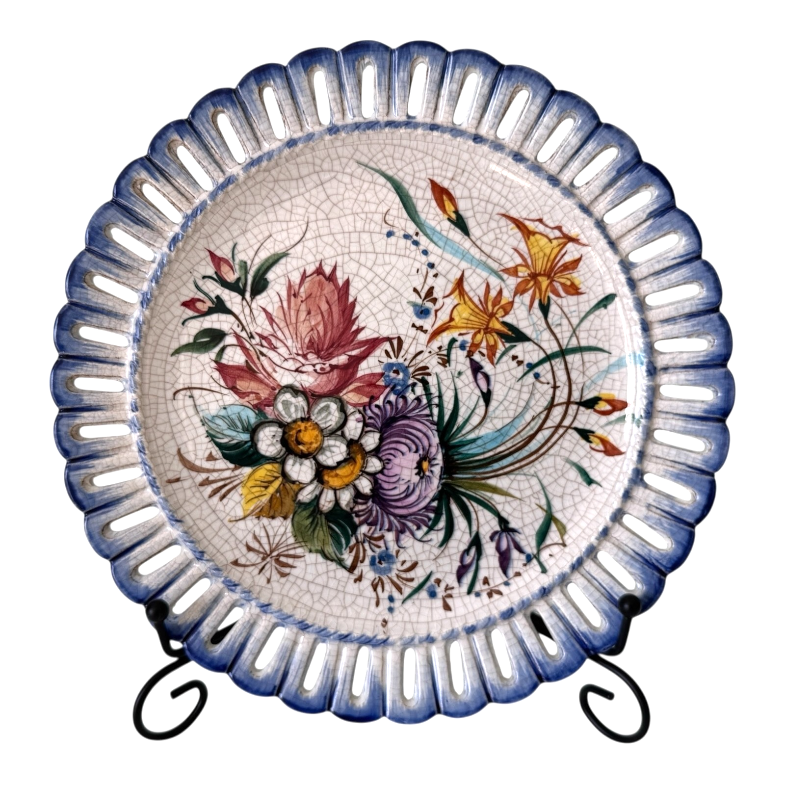 Vintage Bassano Italian Majolica Hand Painted Floral Hanging Plate
