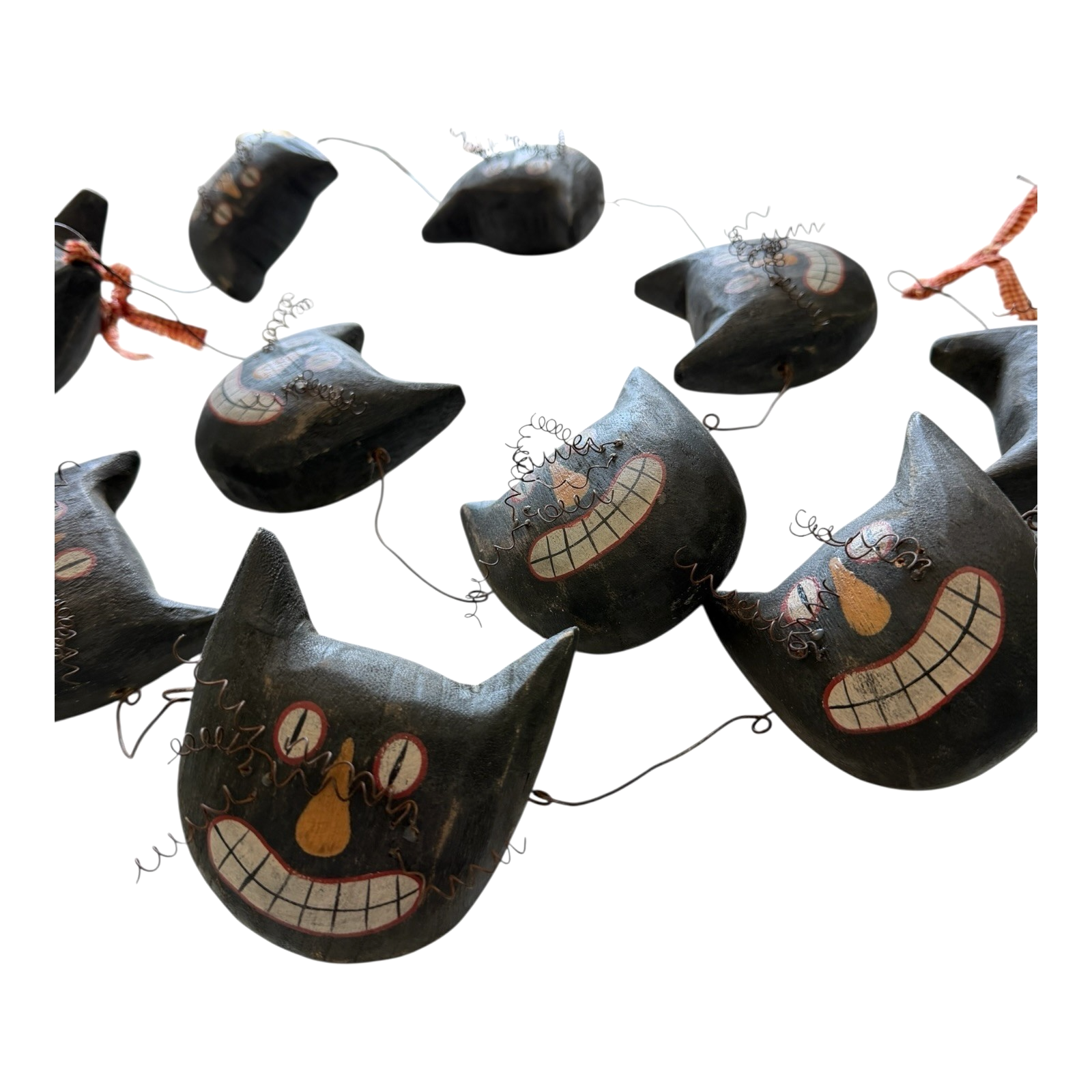 Vintage Primitive Folk Art Halloween Black Cat Face Garland - Hand Painted
