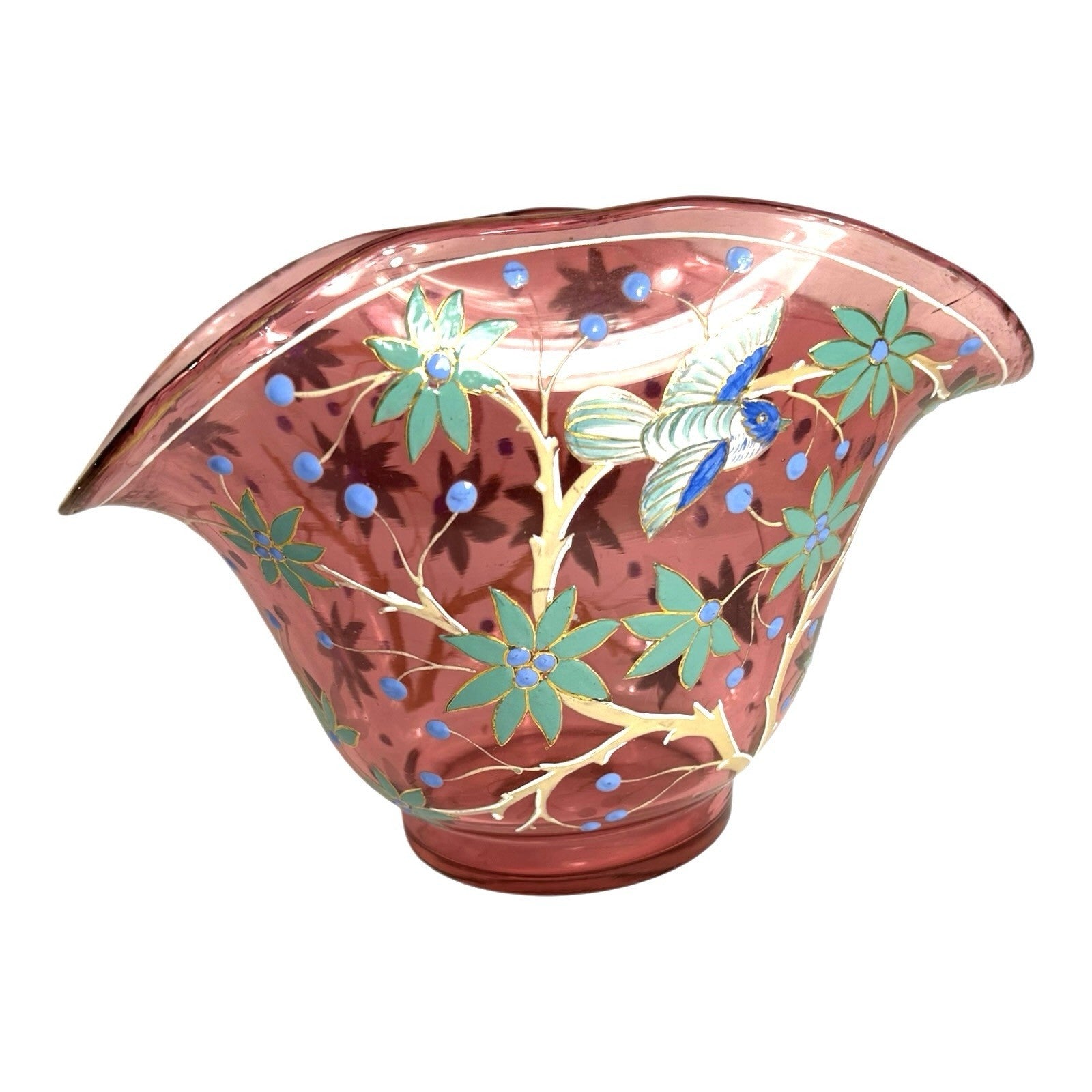Antique Moser Hand Painted Floral with Birds Cranberry Glass Centerpiece Bowl