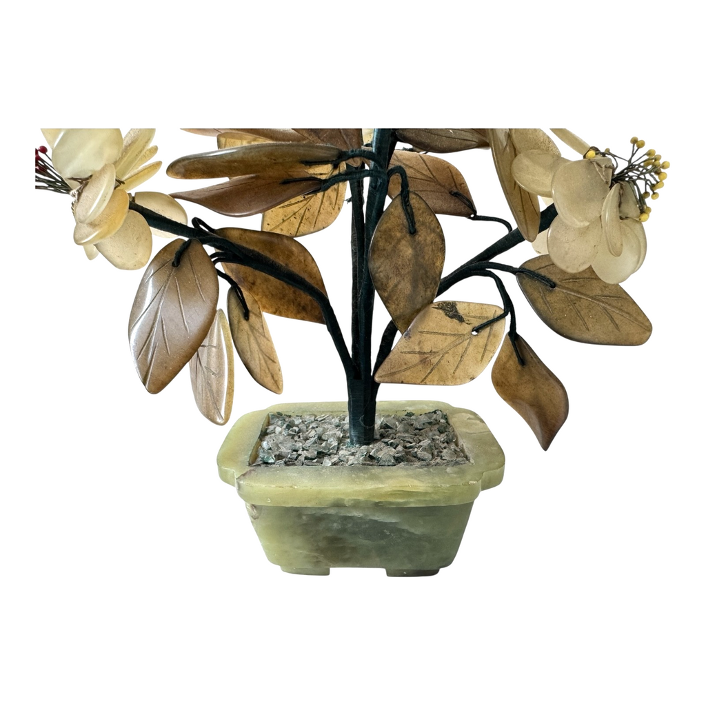 Vintage Chinese Carved Jade and Agate Bonsai Flower Tree Sculpture