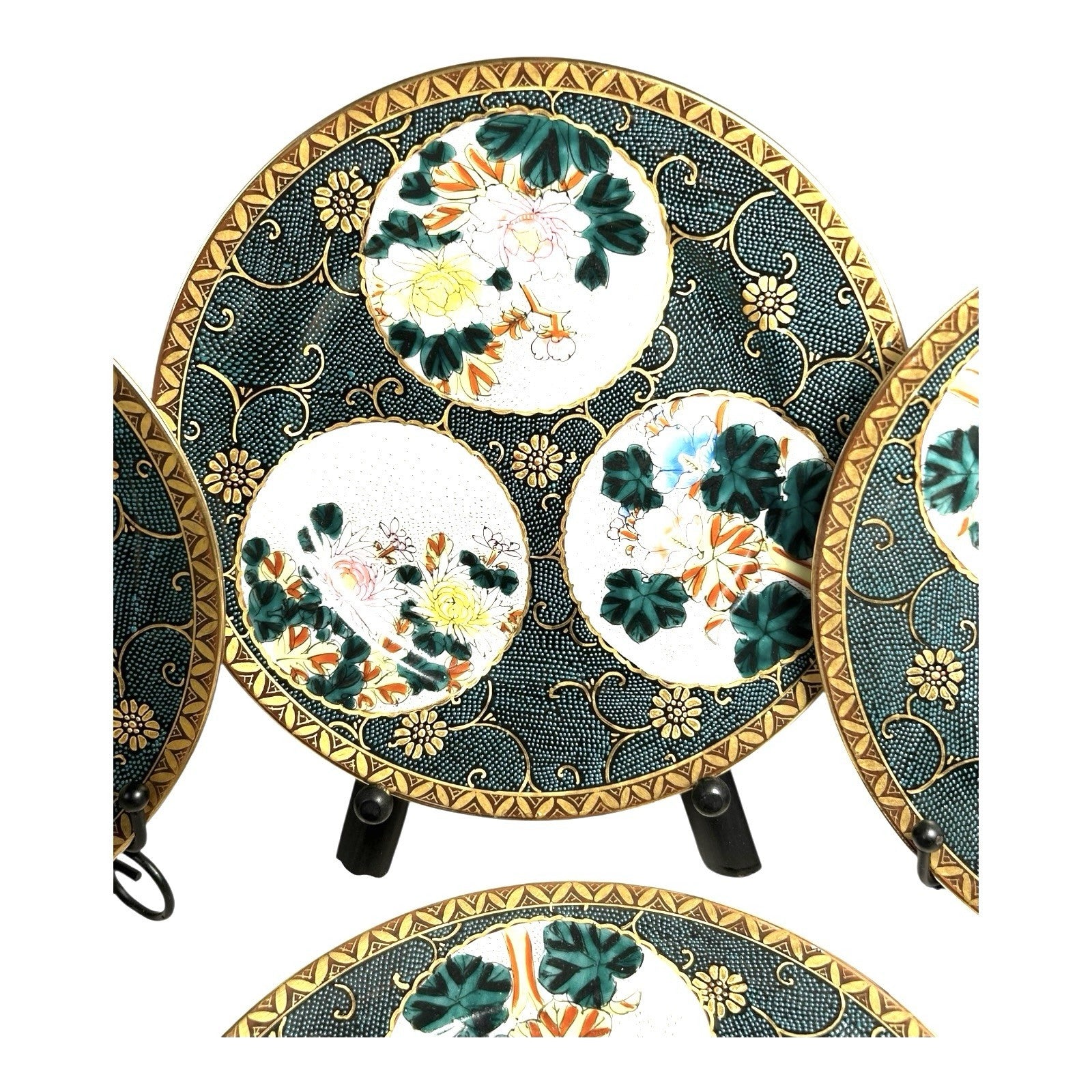 Antique Japanese Kutani Plates with Chrysanthemums Set of 4