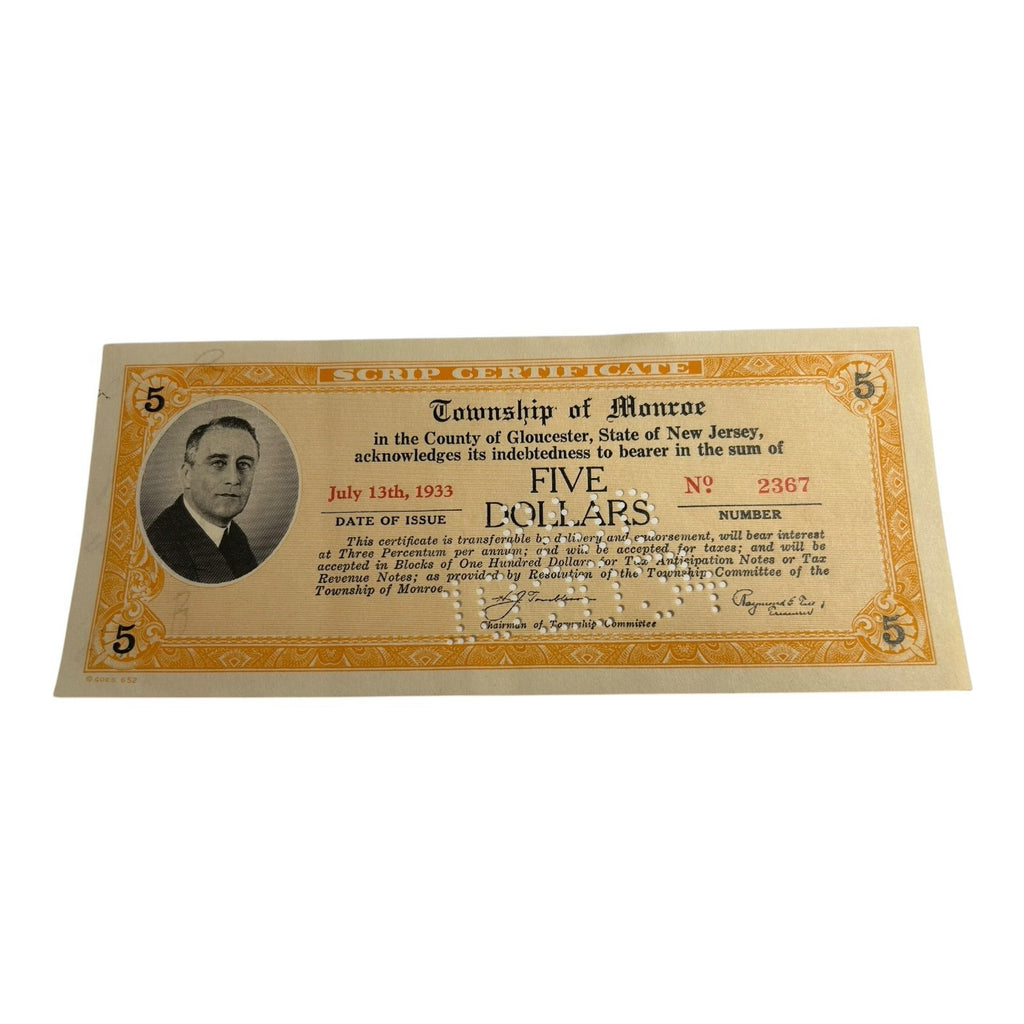 Antique County of Gloucester Township of Monroe 5 Dollar Depression Scrip 1933