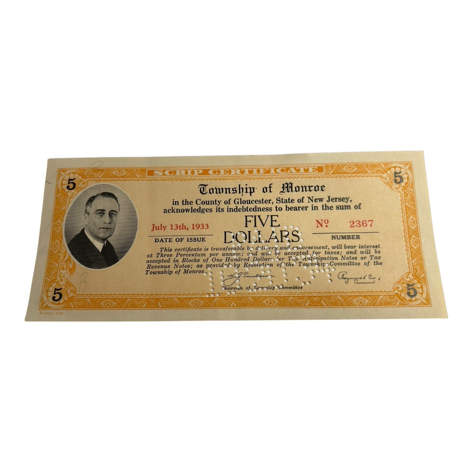 Antique County of Gloucester Township of Monroe 5 Dollar Depression Scrip 1933