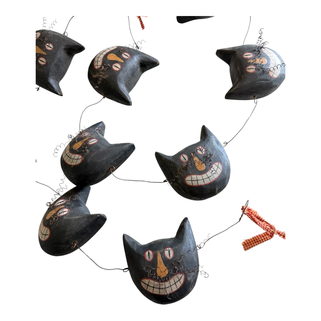 Vintage Primitive Folk Art Halloween Black Cat Face Garland - Hand Painted