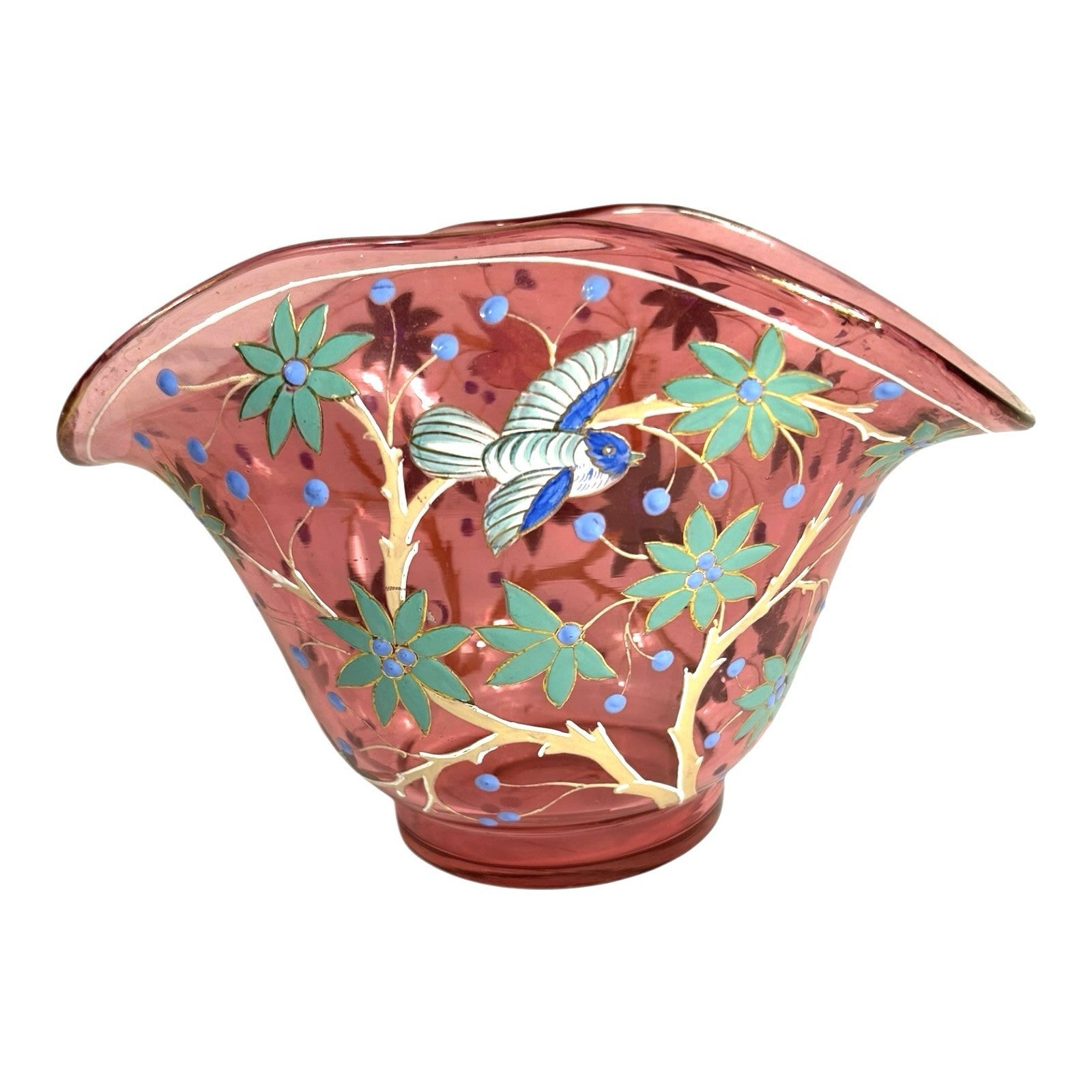 Antique Moser Hand Painted Floral with Birds Cranberry Glass Centerpiece Bowl