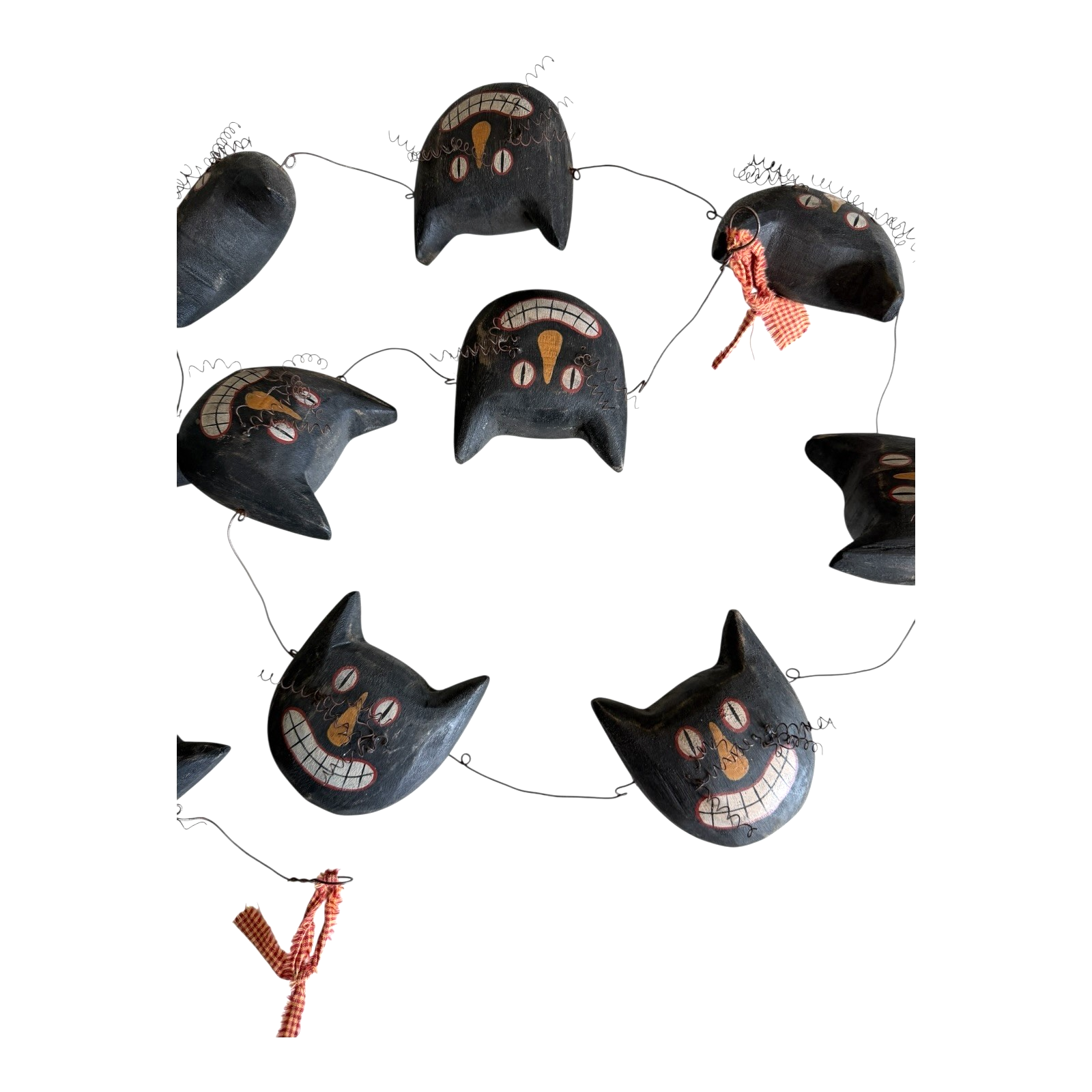 Vintage Primitive Folk Art Halloween Black Cat Face Garland - Hand Painted