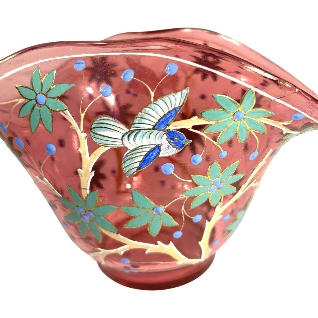 Antique Moser Hand Painted Floral with Birds Cranberry Glass Centerpiece Bowl