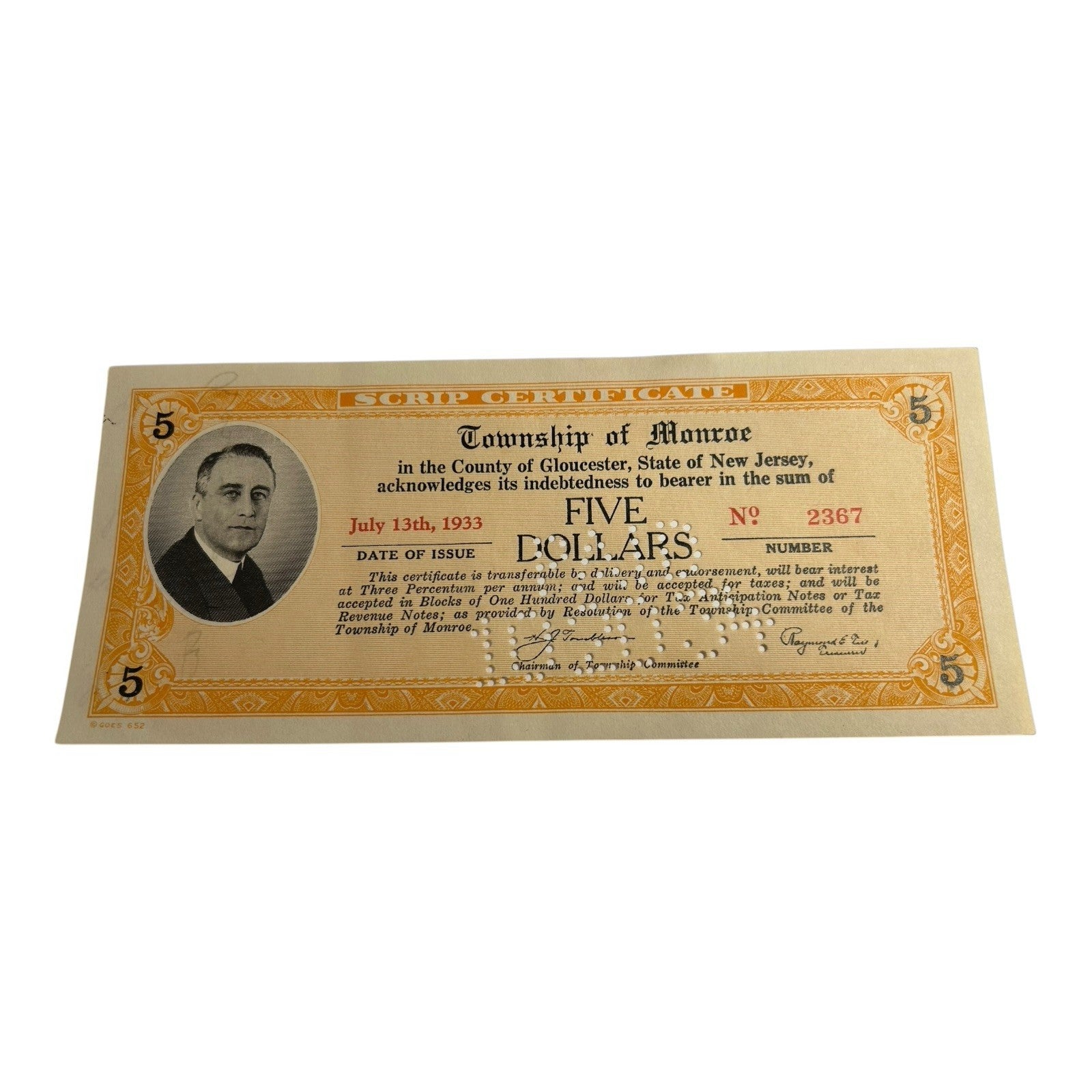 Antique County of Gloucester Township of Monroe 5 Dollar Depression Scrip 1933