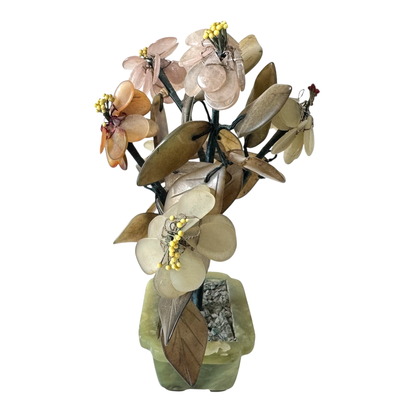 Vintage Chinese Carved Jade and Agate Bonsai Flower Tree Sculpture