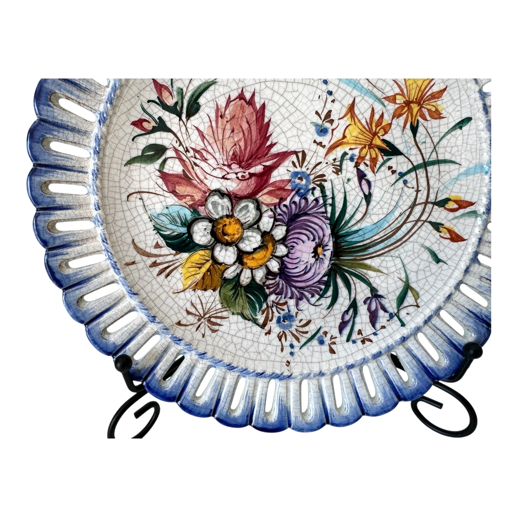 Vintage Bassano Italian Majolica Hand Painted Floral Hanging Plate