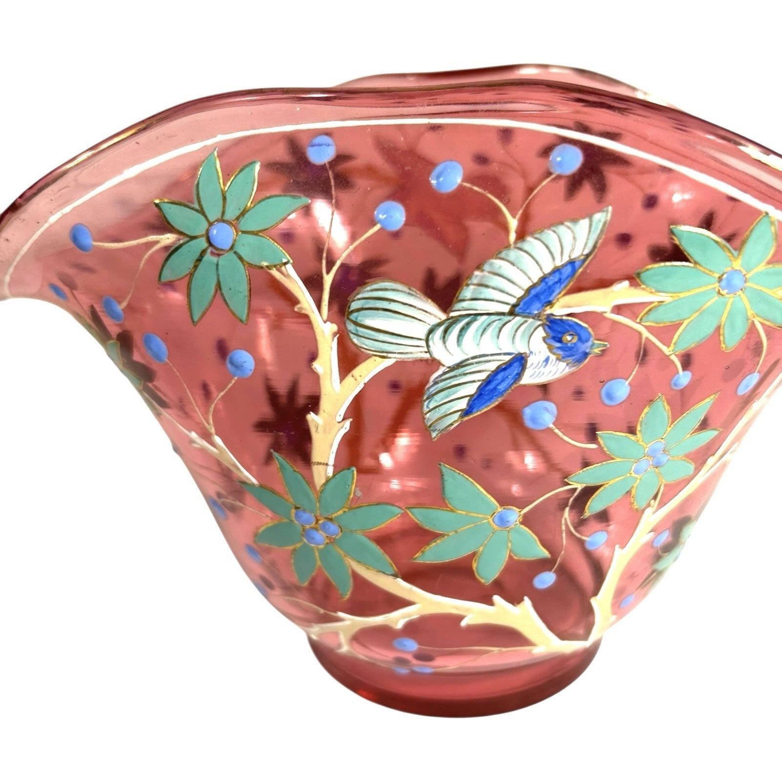 Antique Moser Hand Painted Floral with Birds Cranberry Glass Centerpiece Bowl