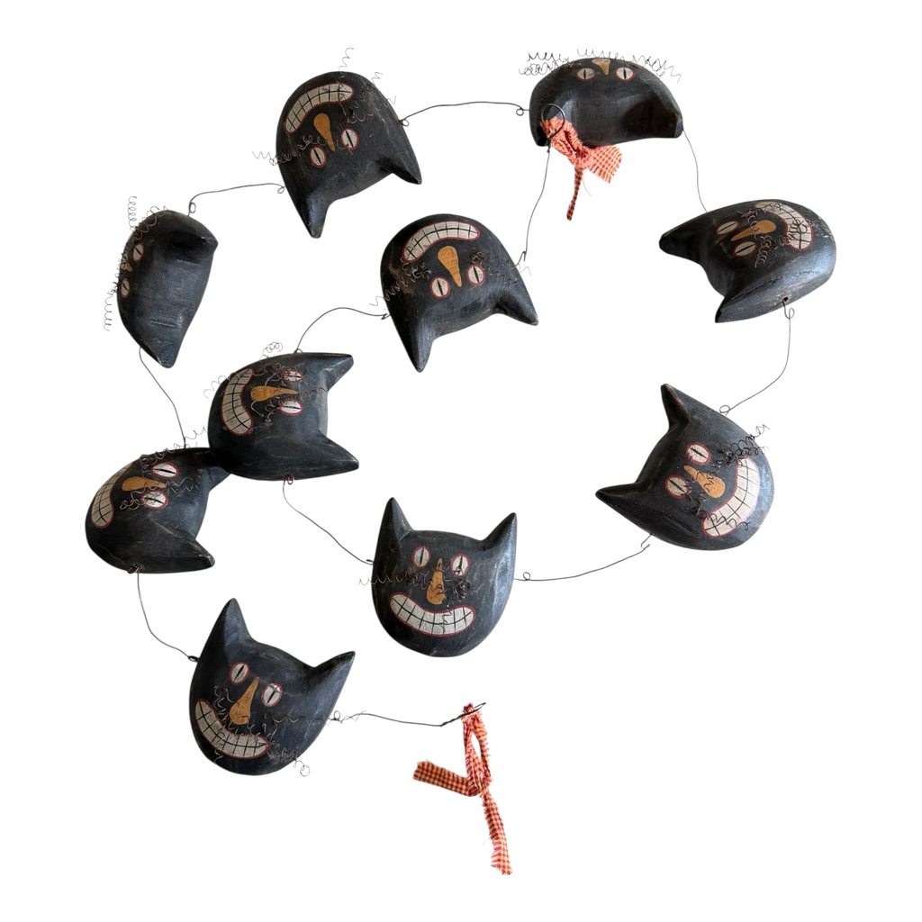 Vintage Primitive Folk Art Halloween Black Cat Face Garland - Hand Painted
