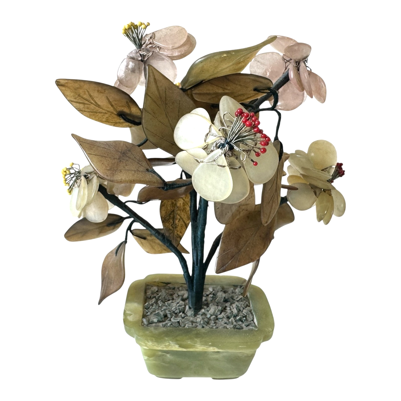 Vintage Chinese Carved Jade and Agate Bonsai Flower Tree Sculpture