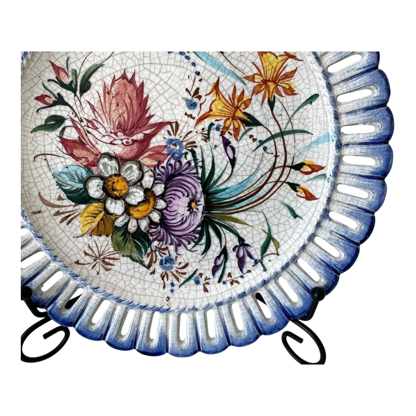 Vintage Bassano Italian Majolica Hand Painted Floral Hanging Plate