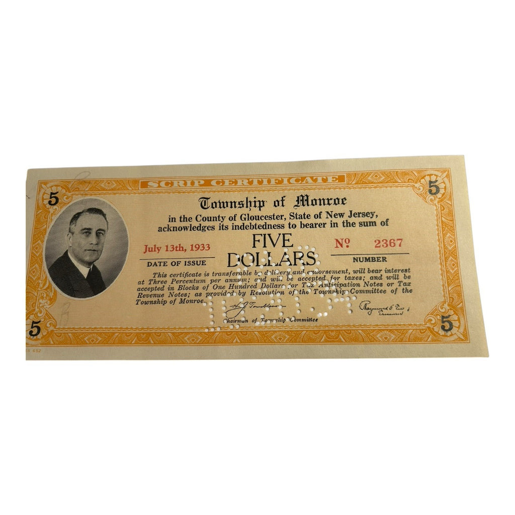 Antique County of Gloucester Township of Monroe 5 Dollar Depression Scrip 1933