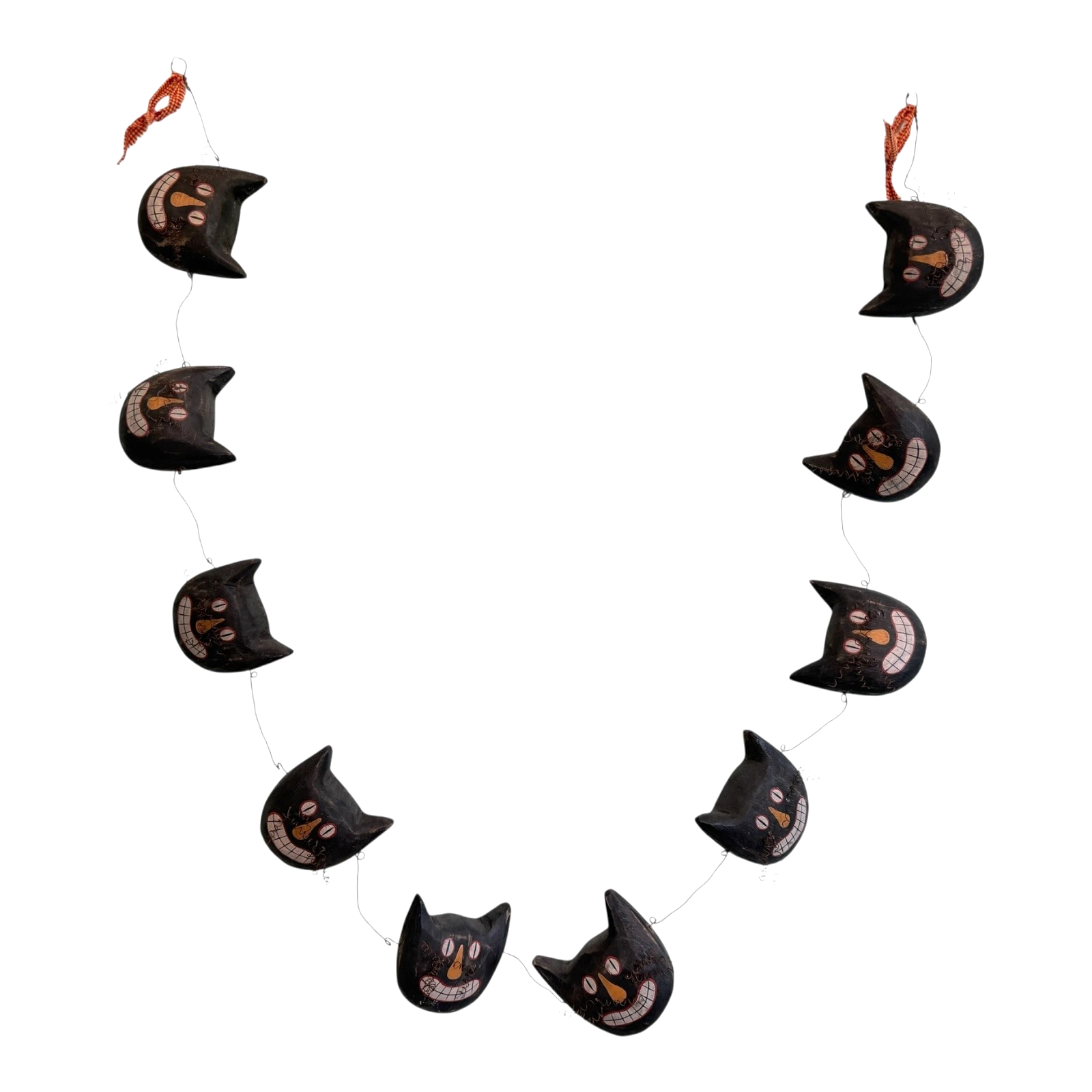 Vintage Primitive Folk Art Halloween Black Cat Face Garland - Hand Painted
