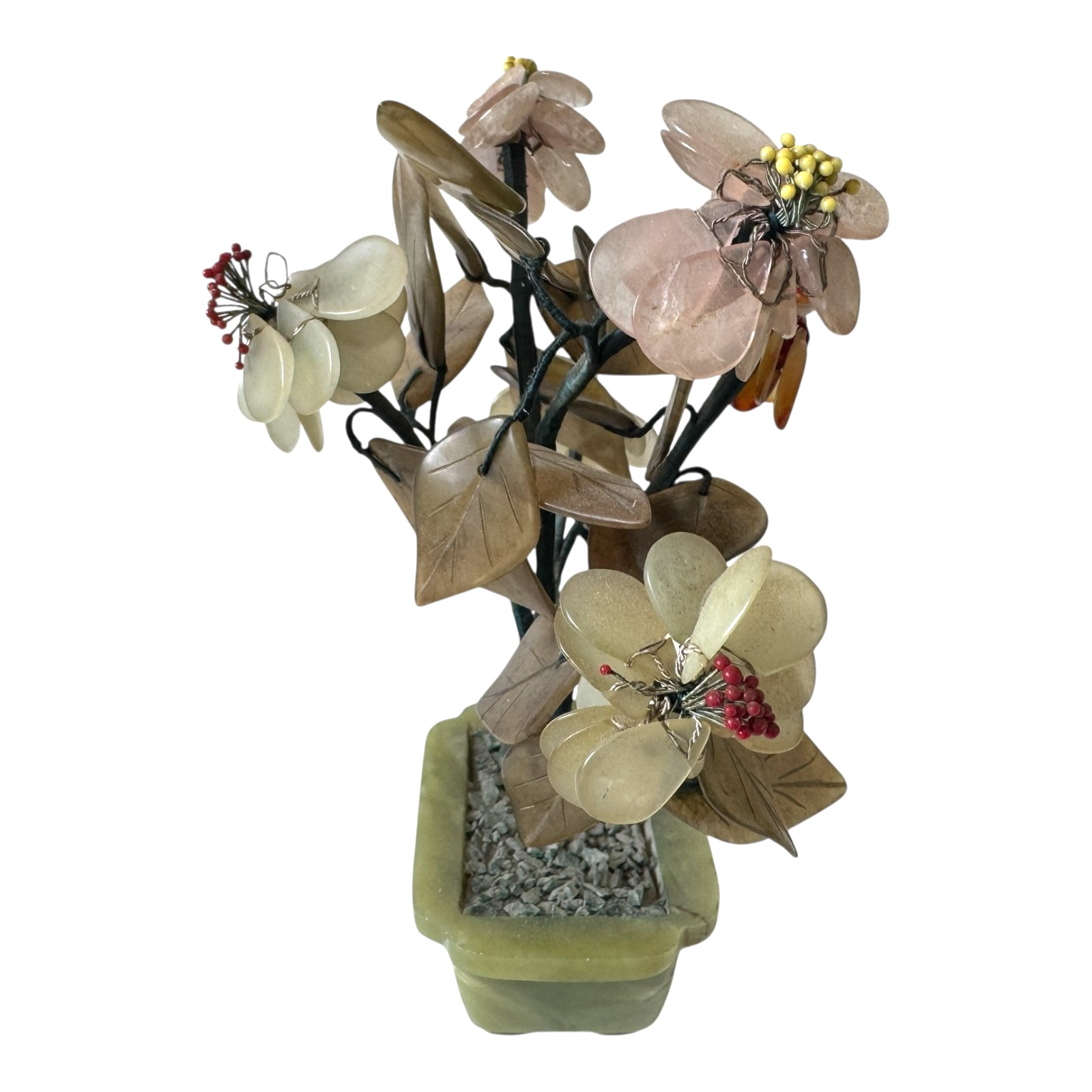 Vintage Chinese Carved Jade and Agate Bonsai Flower Tree Sculpture