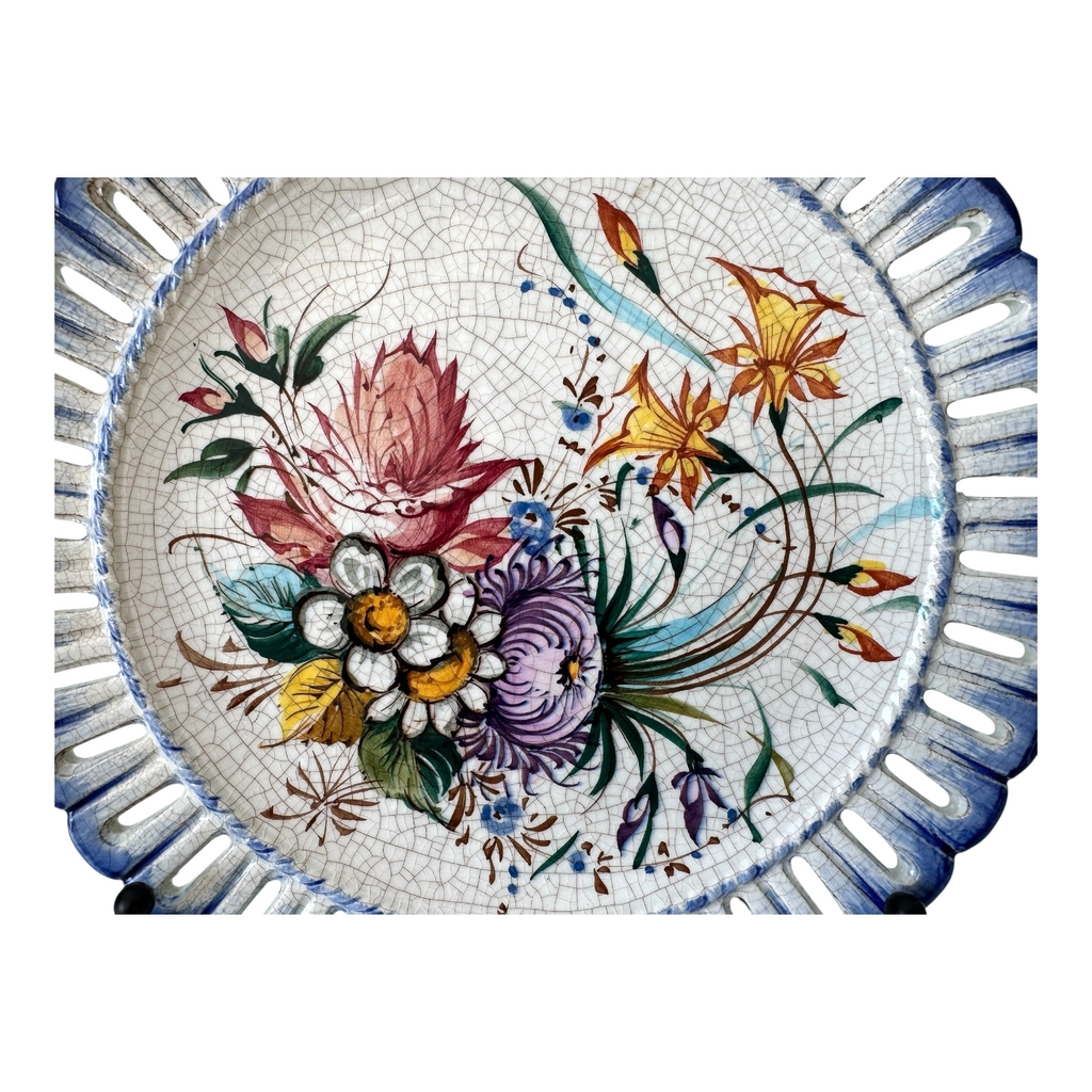 Vintage Bassano Italian Majolica Hand Painted Floral Hanging Plate