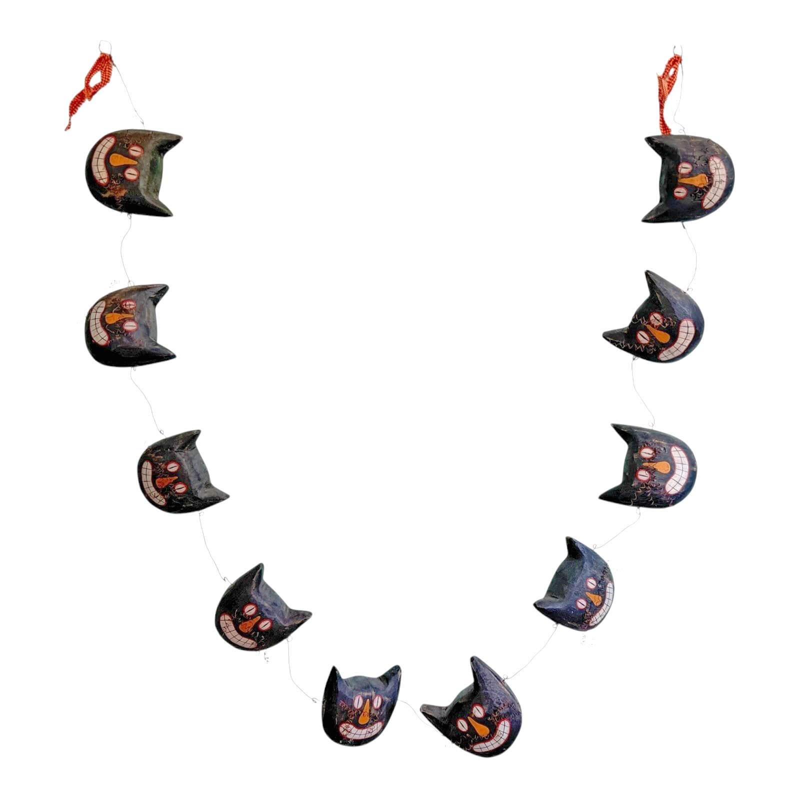 Vintage Primitive Folk Art Halloween Black Cat Face Garland - Hand Painted