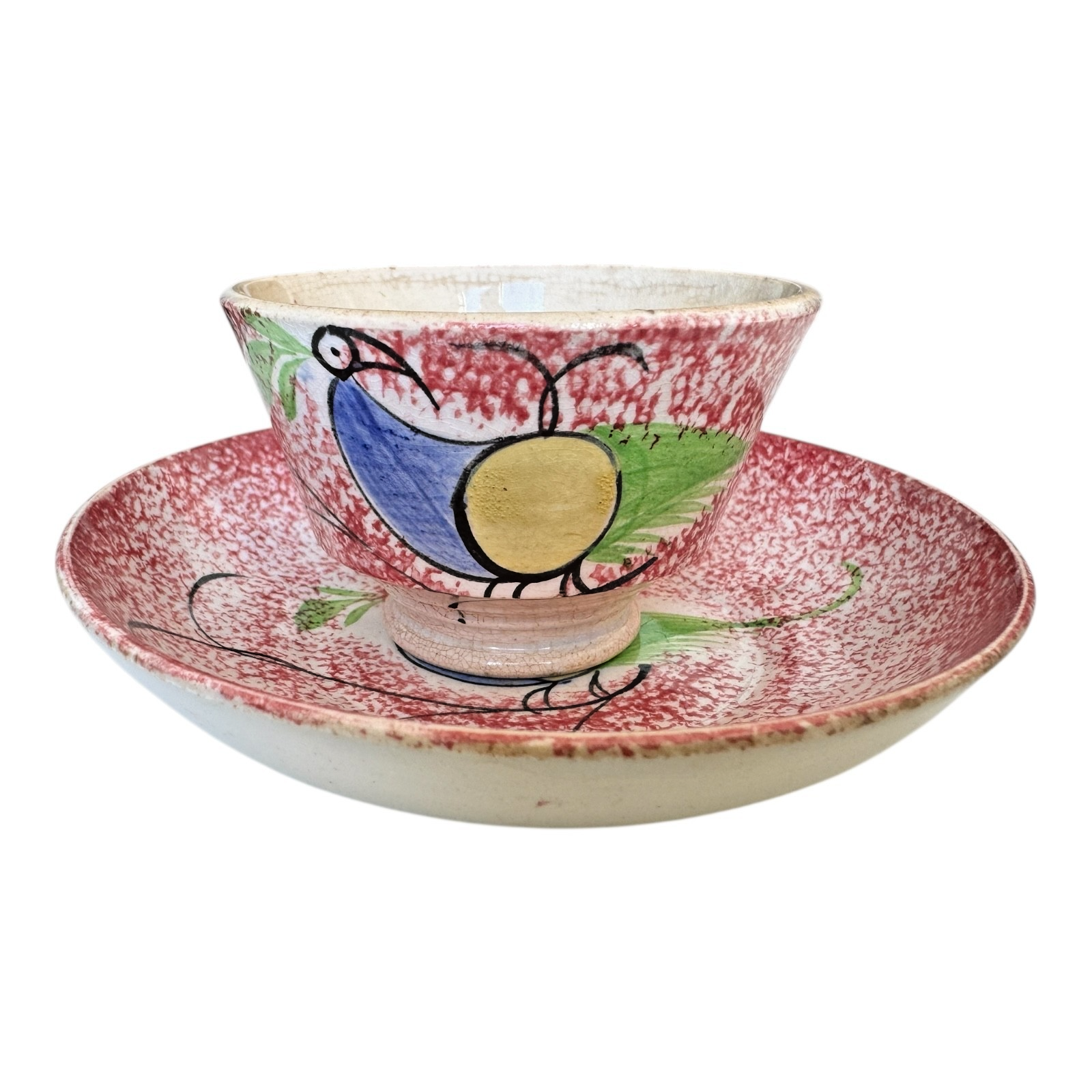 Antique Staffordshire Red Peafowl Spatterware Spongeware Miniature Cup & Saucer