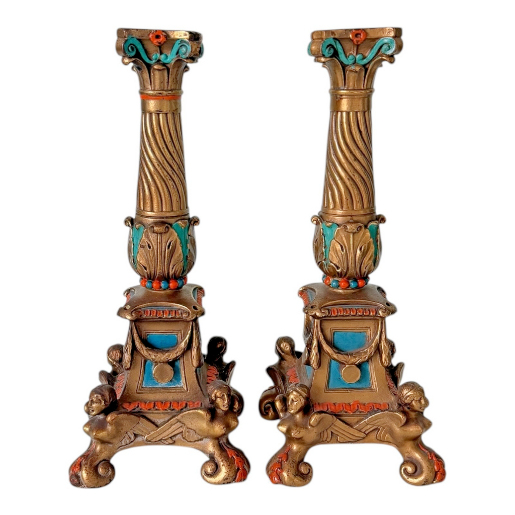 Antique Louis XVI Style Spelter Candlesticks with Figural Sphinx Bases