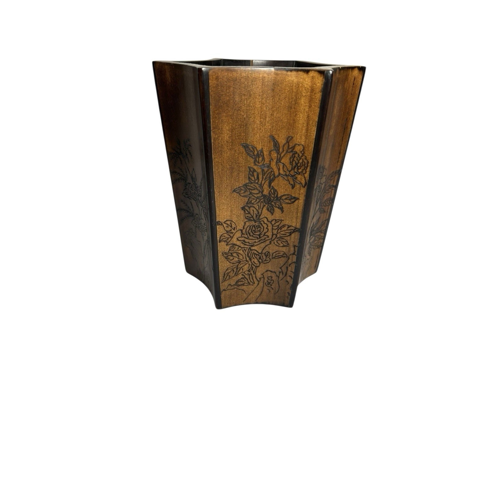 Vintage Chinese  Six Sided Carved Rosewood Brush Pot