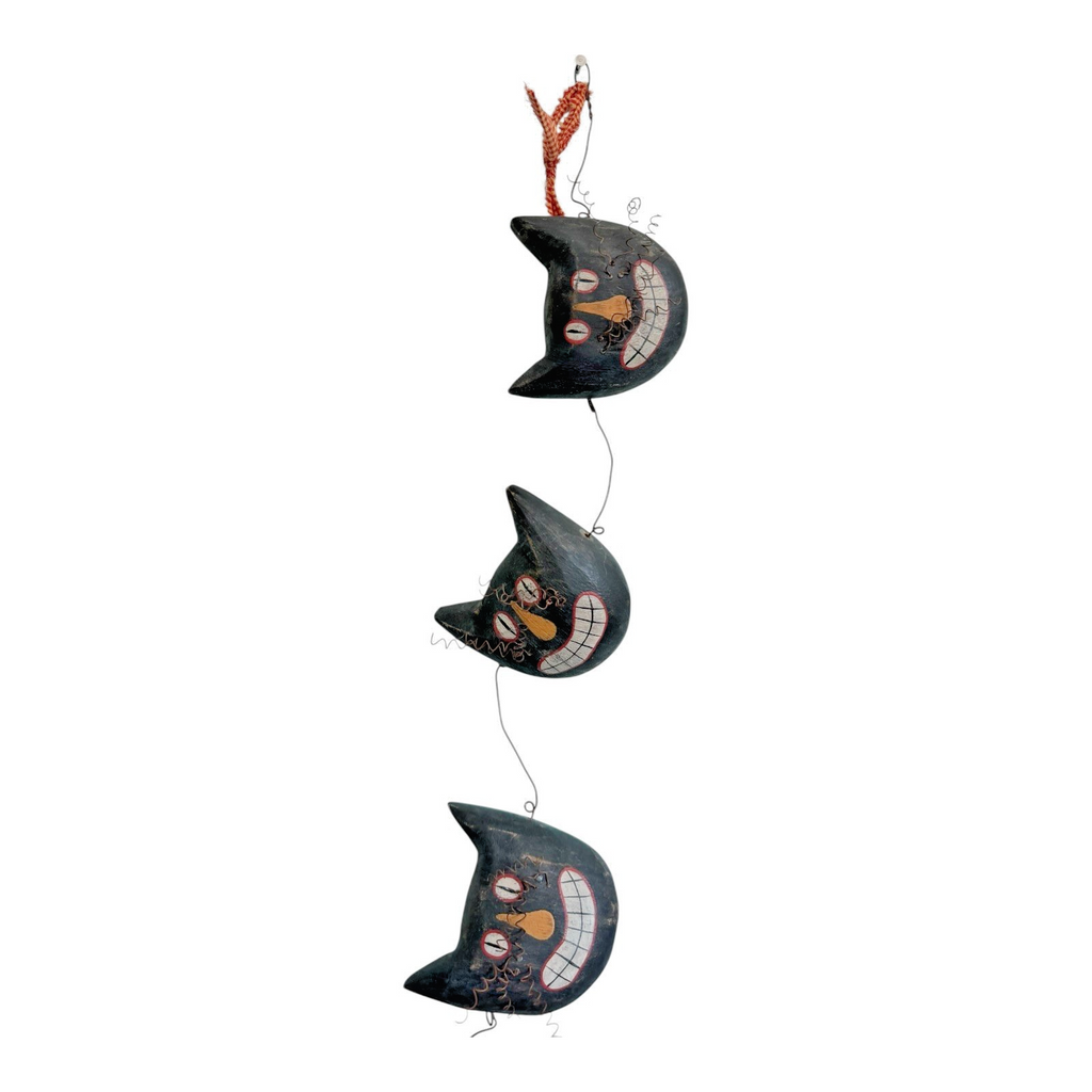 Vintage Primitive Folk Art Halloween Black Cat Face Garland - Hand Painted