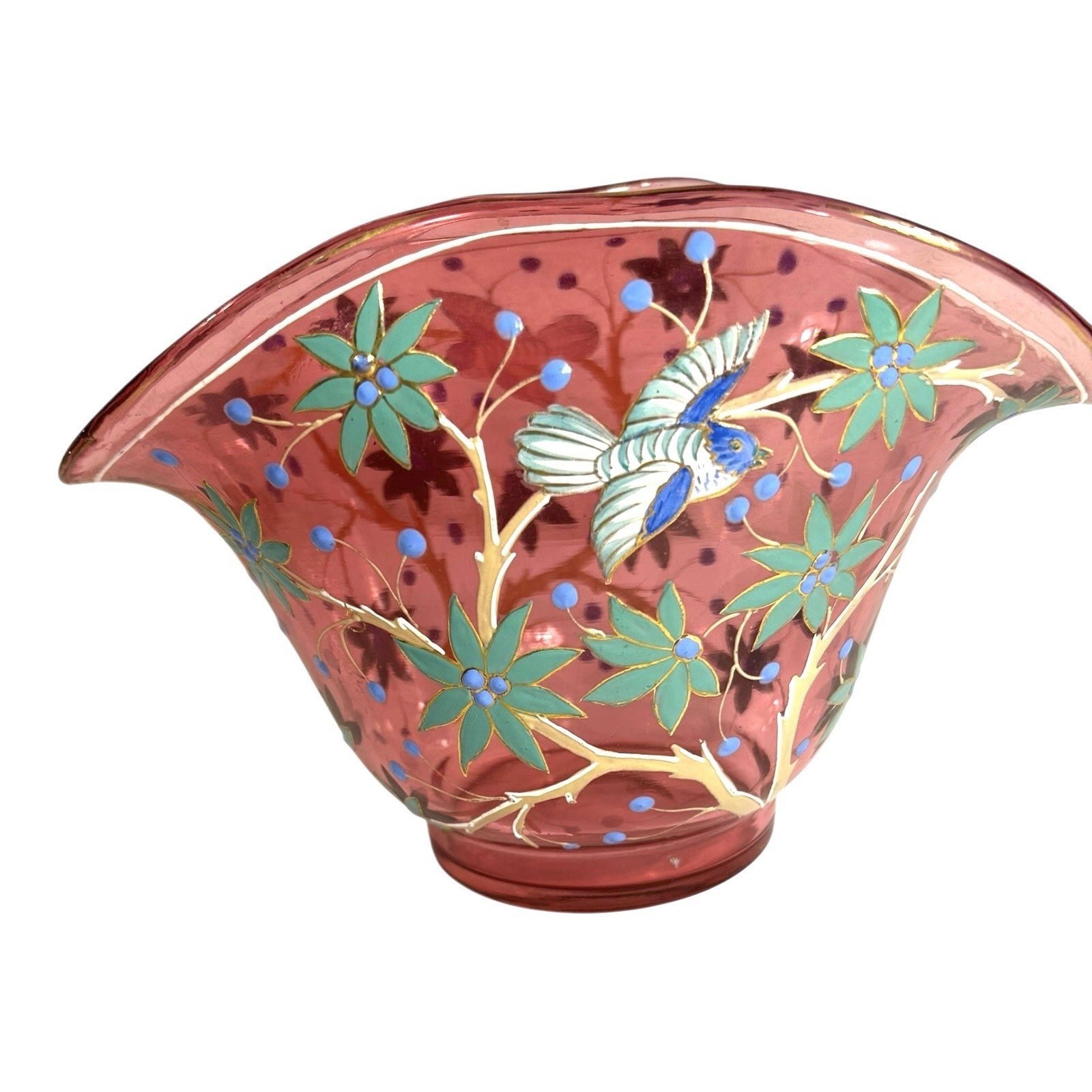 Antique Moser Hand Painted Floral with Birds Cranberry Glass Centerpiece Bowl
