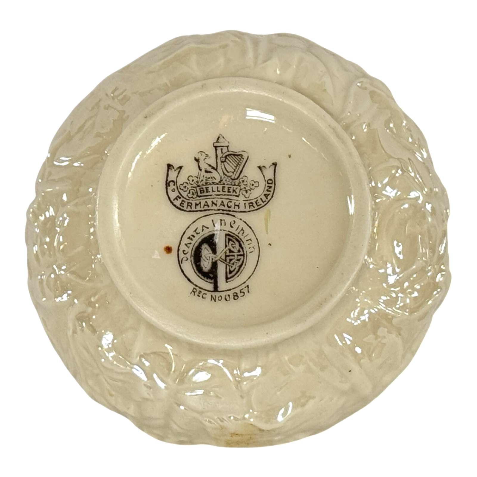Vintage Belleek Ireland Small Lotus Water Lily Relief Porcelain Bowl, Black Mark
