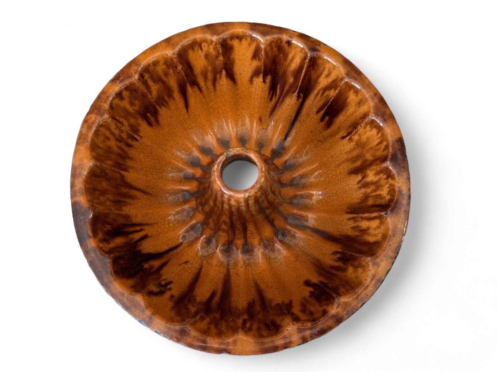 Antique Primitive Redware Stoneware Bundt Cake Mold - Rustic Brown Glaze