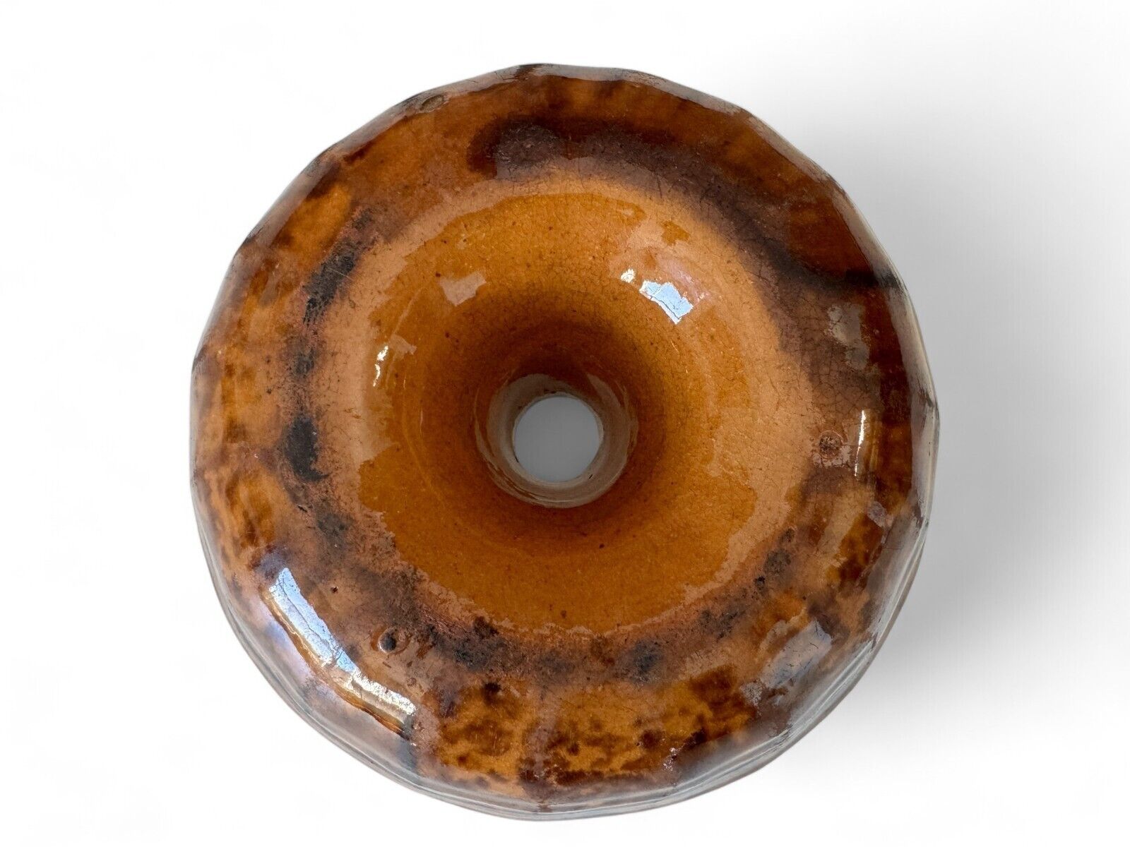 Antique Primitive Redware Stoneware Bundt Cake Mold - Rustic Brown Glaze