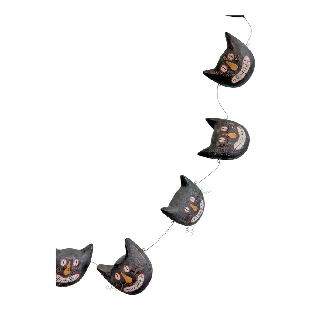 Vintage Primitive Folk Art Halloween Black Cat Face Garland - Hand Painted