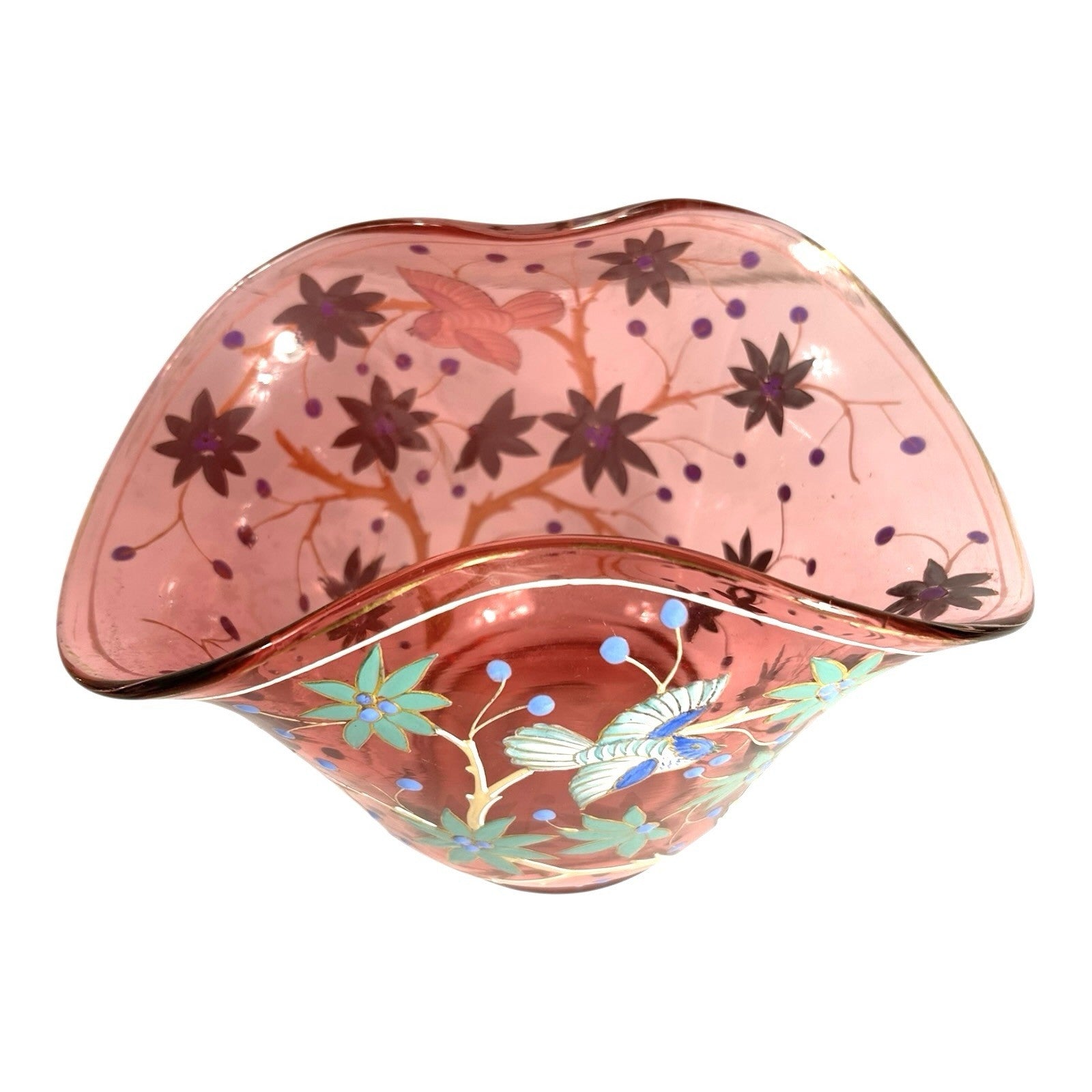 Antique Moser Hand Painted Floral with Birds Cranberry Glass Centerpiece Bowl