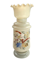 Antique Victorian Hand Painted Opaline Fluted Floral Handblown Glass Vase