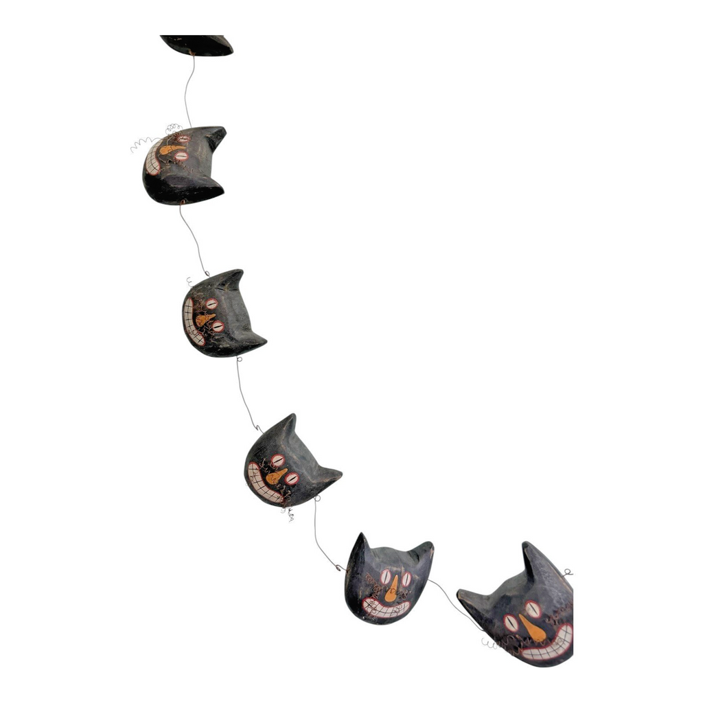 Vintage Primitive Folk Art Halloween Black Cat Face Garland - Hand Painted