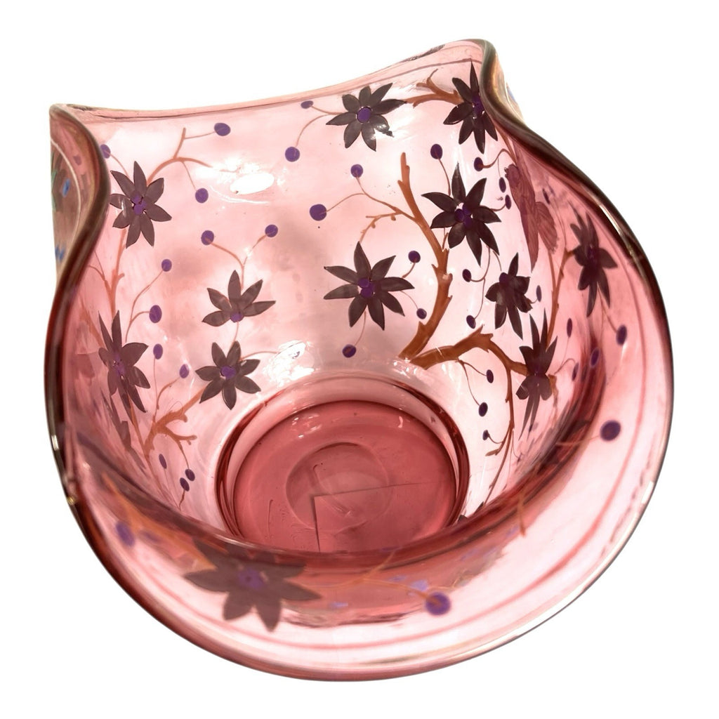 Antique Moser Hand Painted Floral with Birds Cranberry Glass Centerpiece Bowl