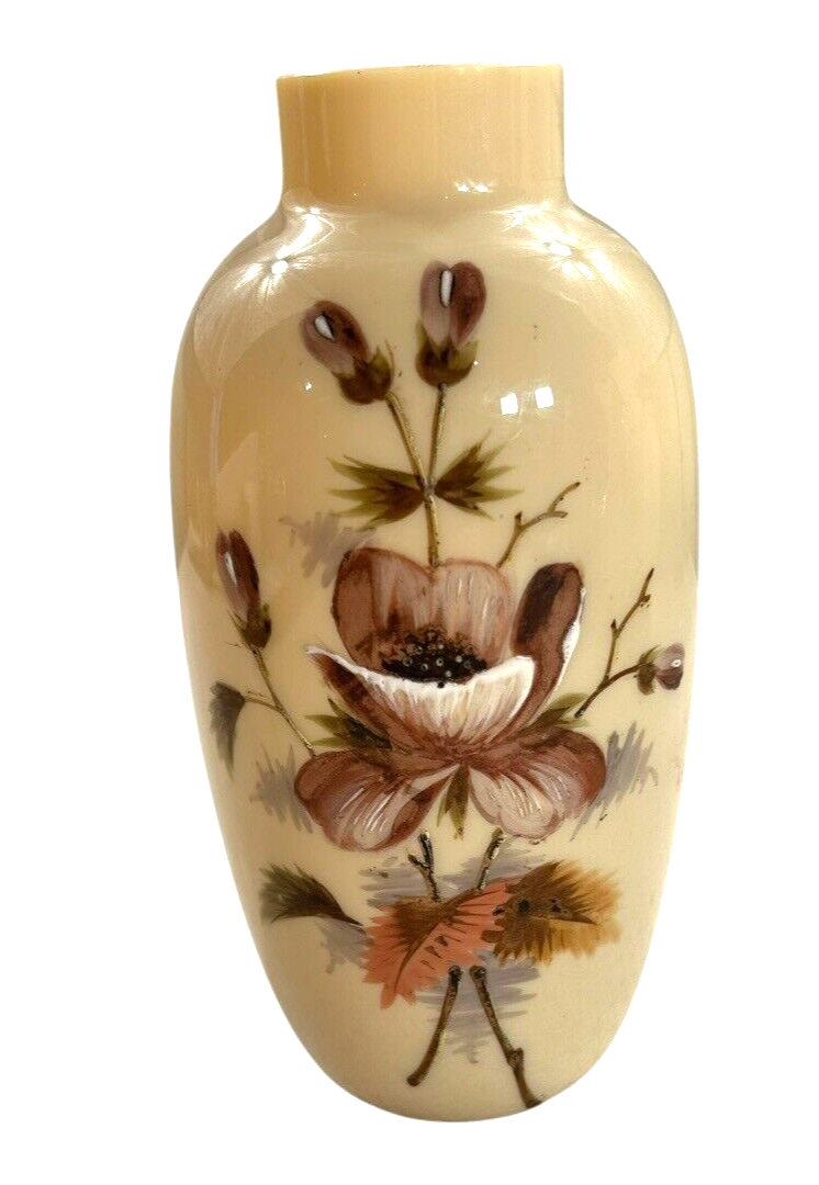 Antique Hand Painted Opaline Floral Handblown Glass Vase