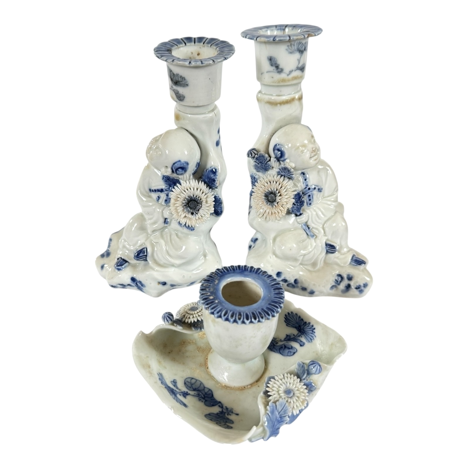 Antique Japanese Hirado Porcelain Figural Boy Candlestick Pair with Companion