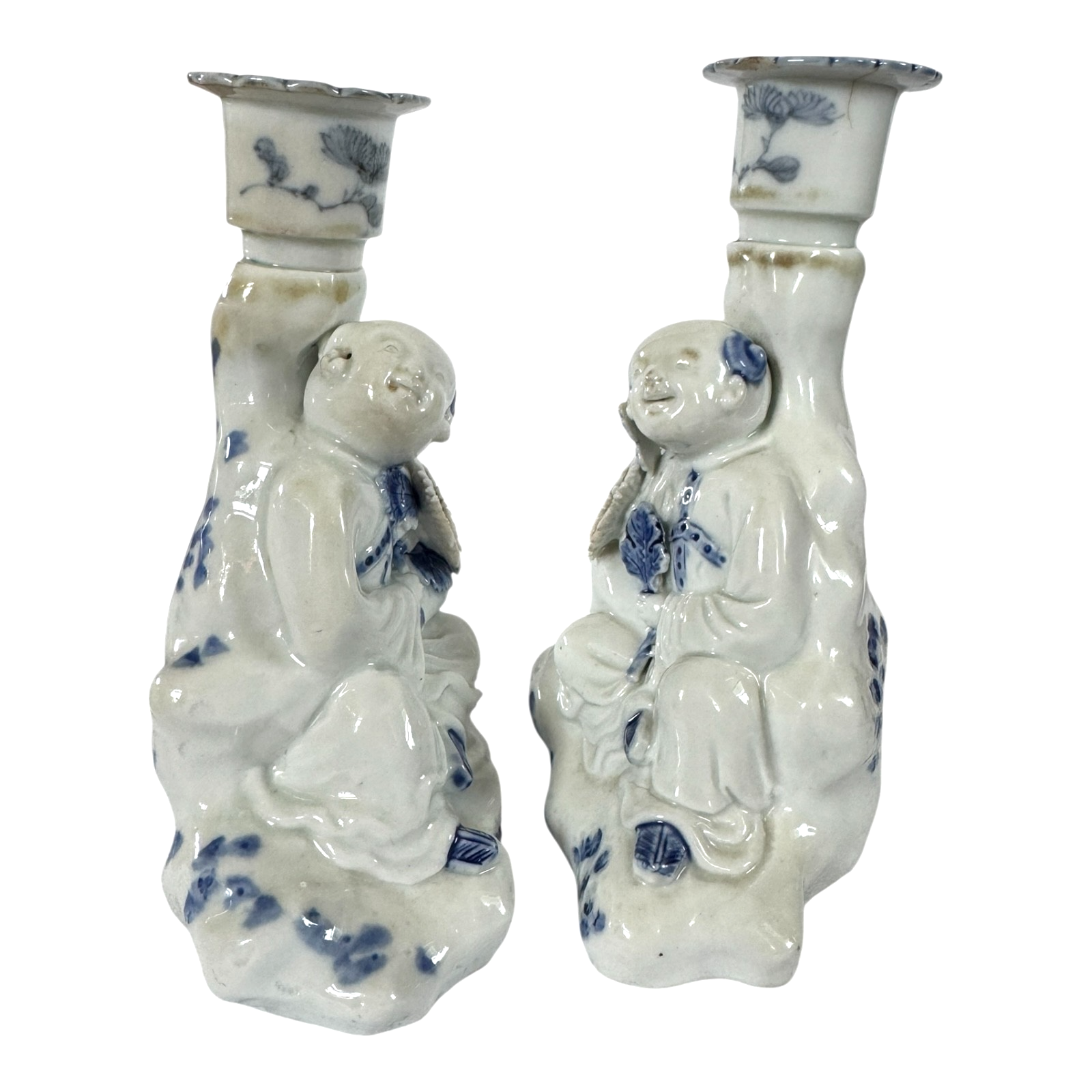 Antique Japanese Hirado Porcelain Figural Boy Candlestick Pair with Companion
