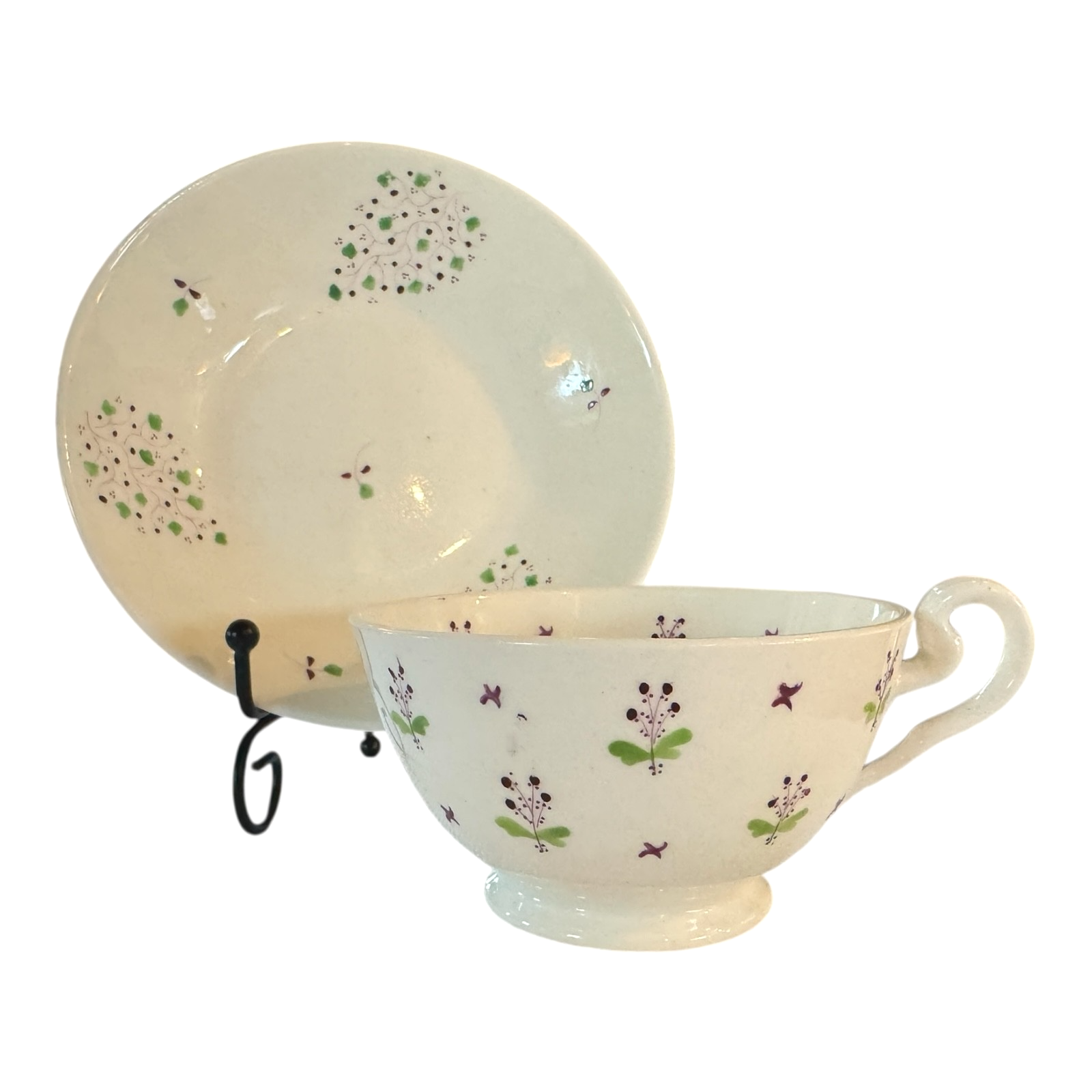 Antique Staffordshire Pearlware Purple and Green Floral Teacup & Saucer
