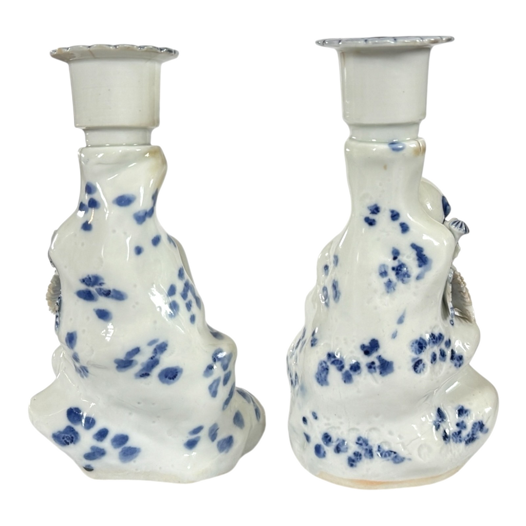 Antique Japanese Hirado Porcelain Figural Boy Candlestick Pair with Companion