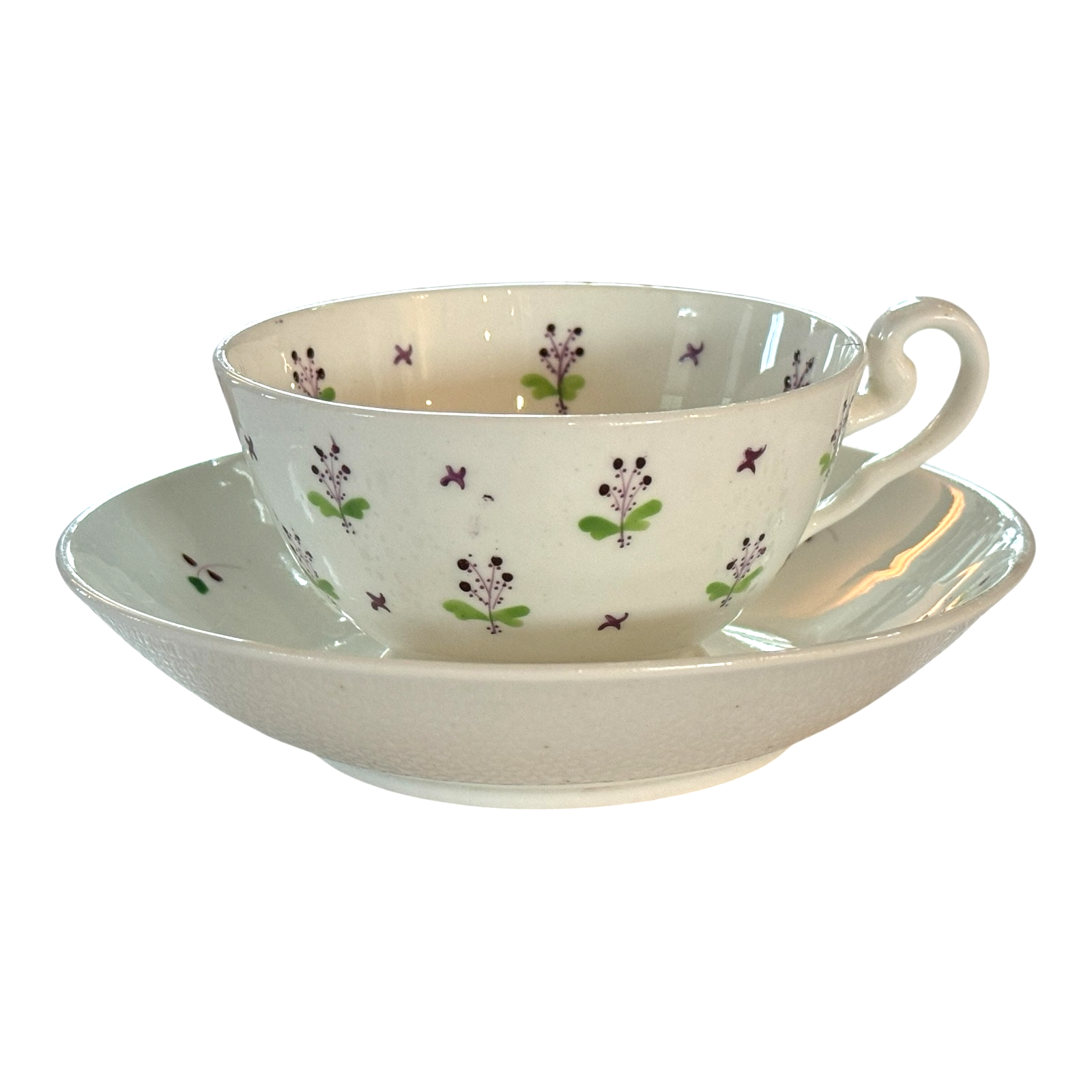 Antique Staffordshire Pearlware Purple and Green Floral Teacup & Saucer