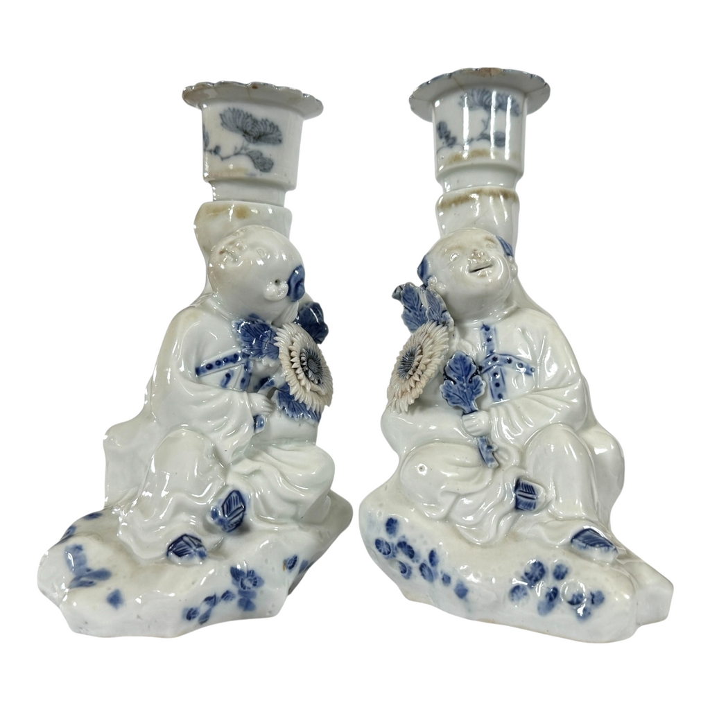Antique Japanese Hirado Porcelain Figural Boy Candlestick Pair with Companion