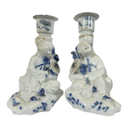 Antique Japanese Hirado Porcelain Figural Boy Candlestick Pair with Companion
