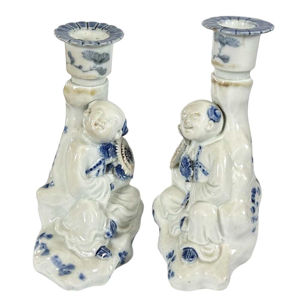 Antique Japanese Hirado Porcelain Figural Boy Candlestick Pair with Companion
