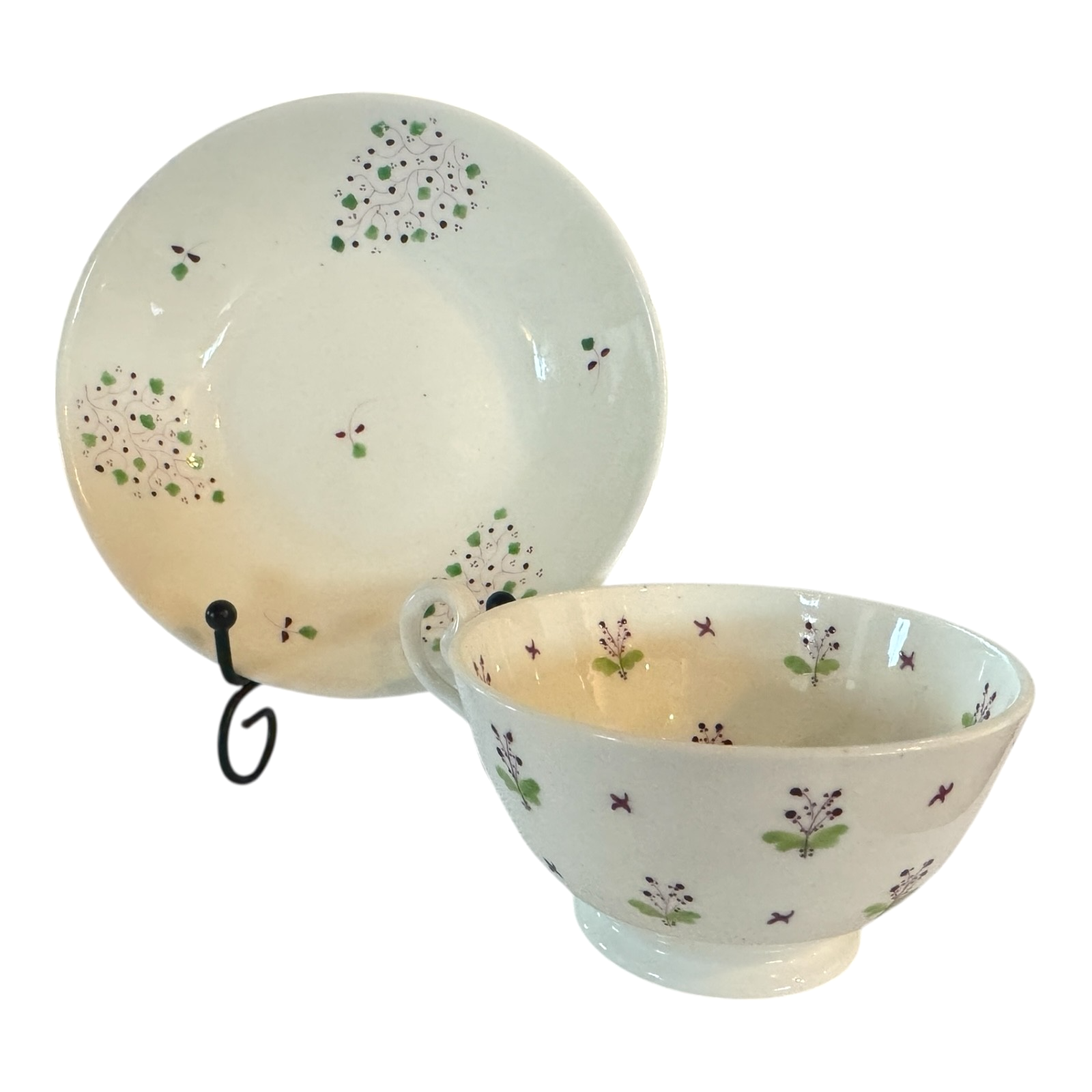 Antique Staffordshire Pearlware Purple and Green Floral Teacup & Saucer