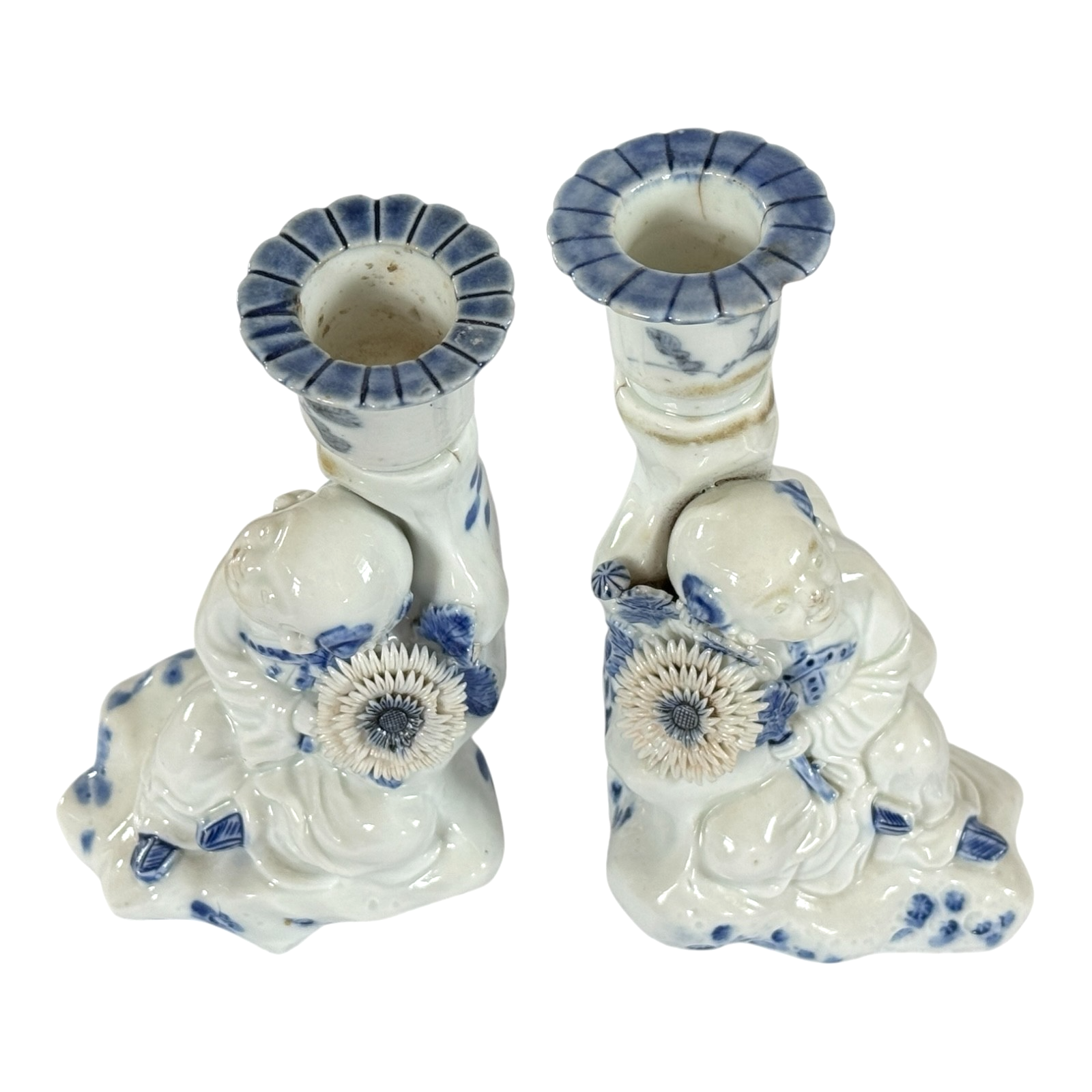 Antique Japanese Hirado Porcelain Figural Boy Candlestick Pair with Companion