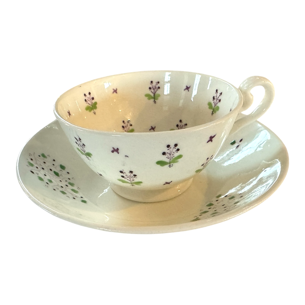 Antique Staffordshire Pearlware Purple and Green Floral Teacup & Saucer
